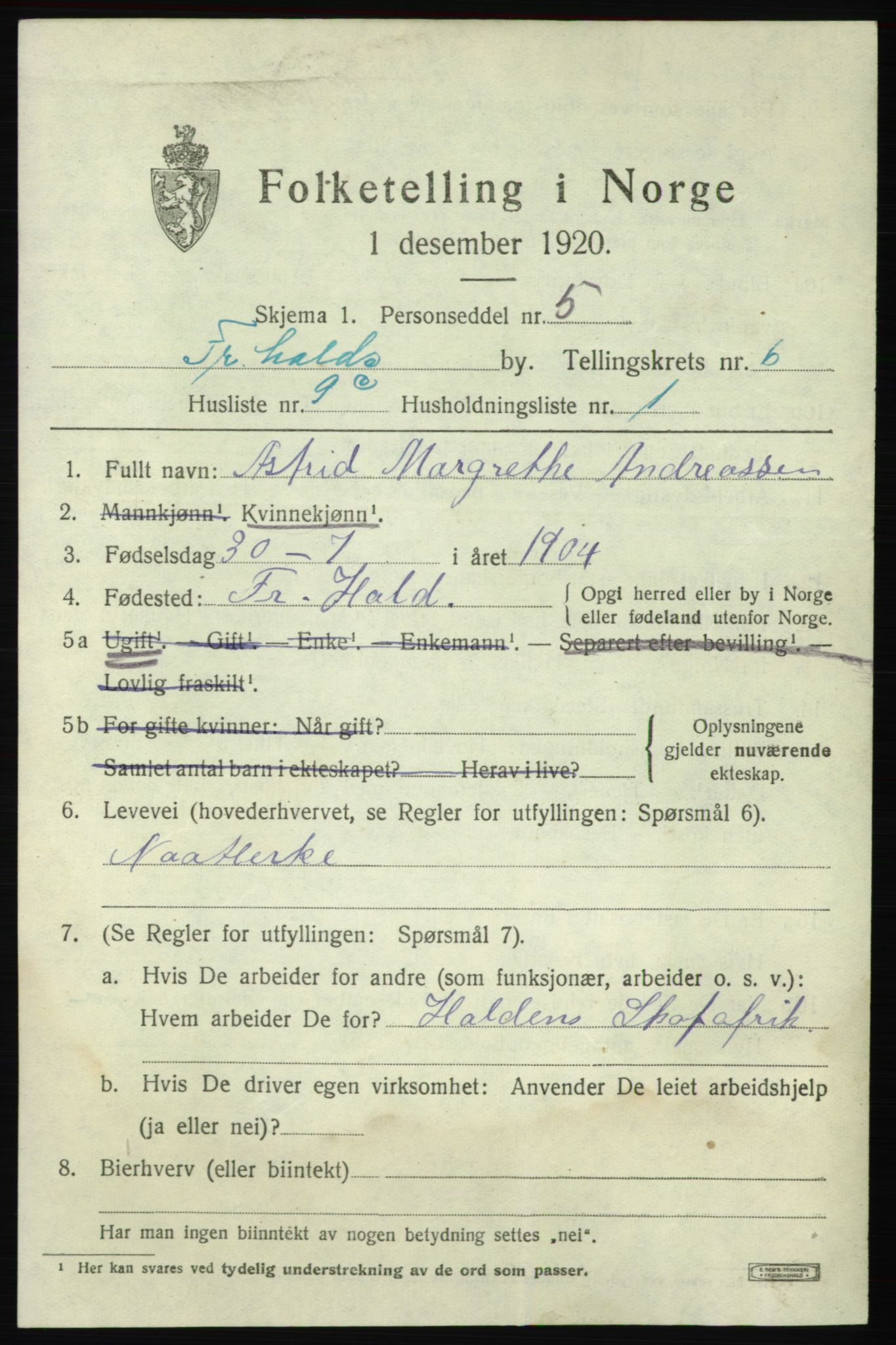 SAO, 1920 census for Fredrikshald, 1920, p. 13094