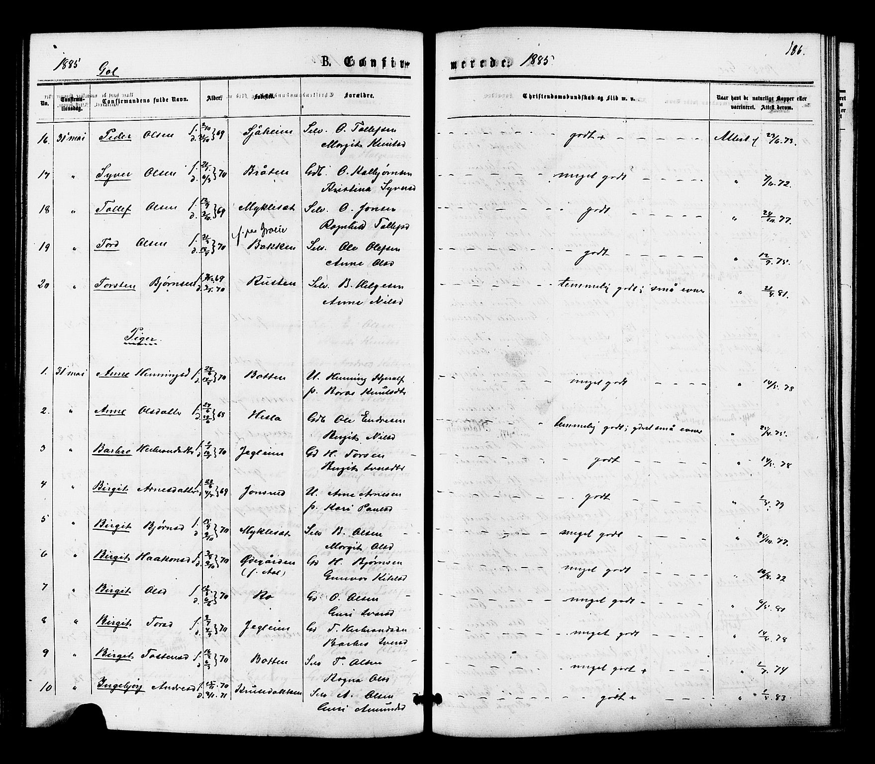 Gol kirkebøker, SAKO/A-226/F/Fa/L0004: Parish register (official) no. I 4, 1876-1886, p. 186