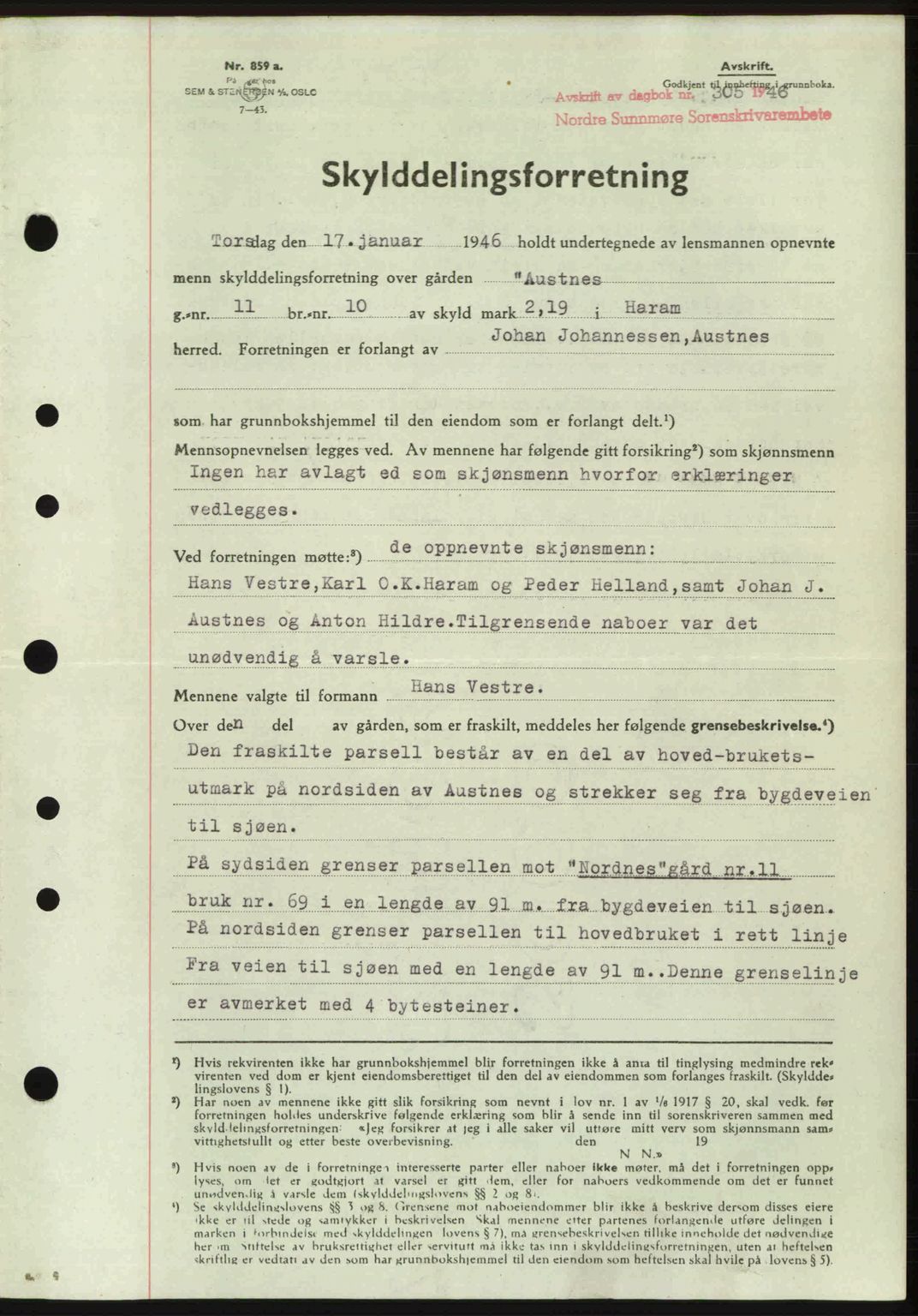 Nordre Sunnmøre sorenskriveri, AV/SAT-A-0006/1/2/2C/2Ca: Mortgage book no. A20b, 1946-1946, Diary no: : 305/1946