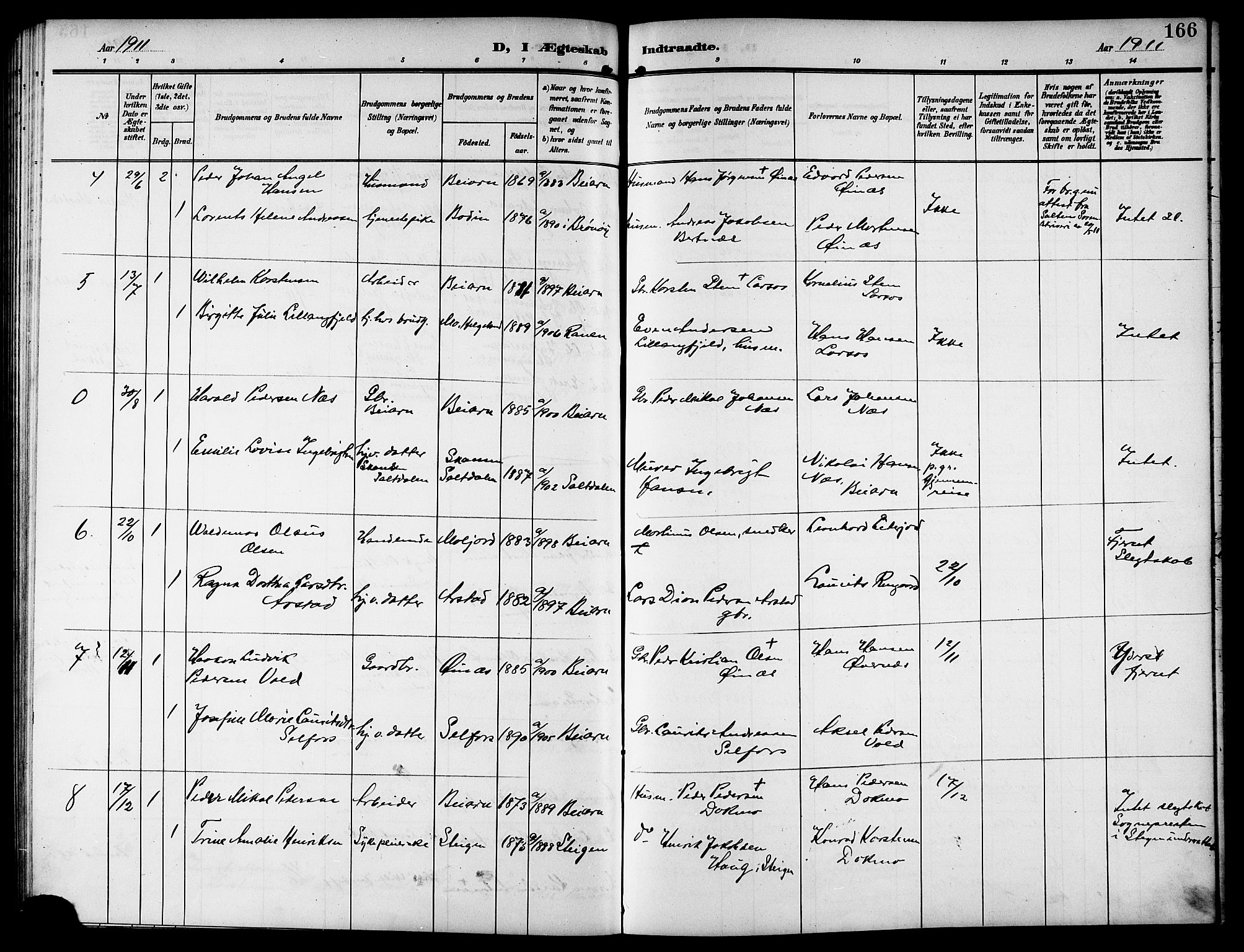 Ministerialprotokoller, klokkerbøker og fødselsregistre - Nordland, SAT/A-1459/846/L0655: Parish register (copy) no. 846C05, 1902-1916, p. 166