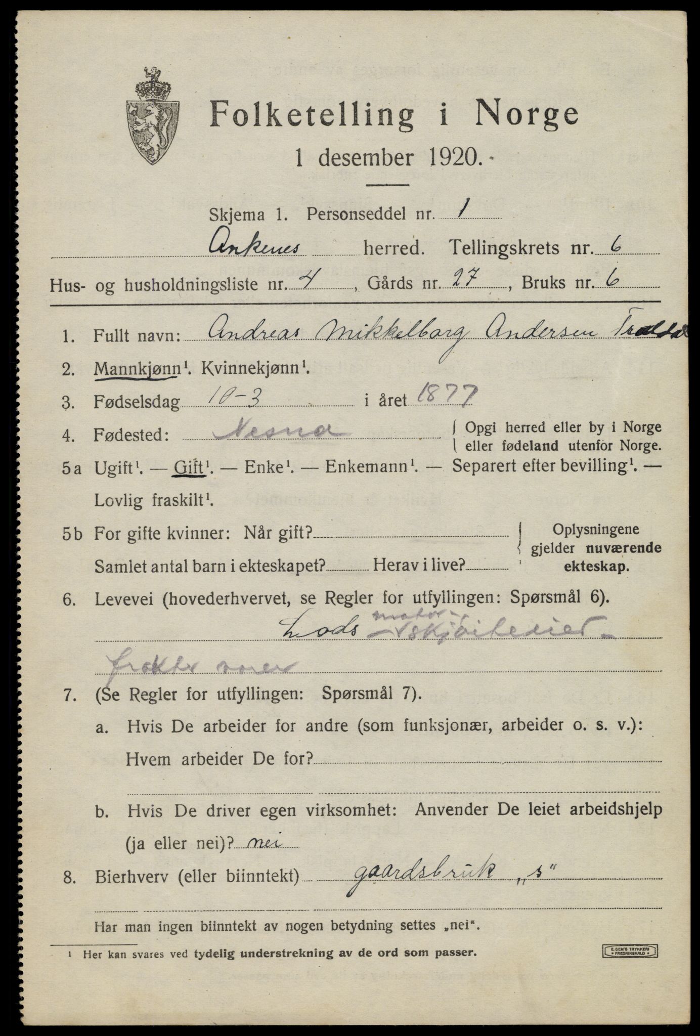 SAT, 1920 census for Ankenes, 1920, p. 3471