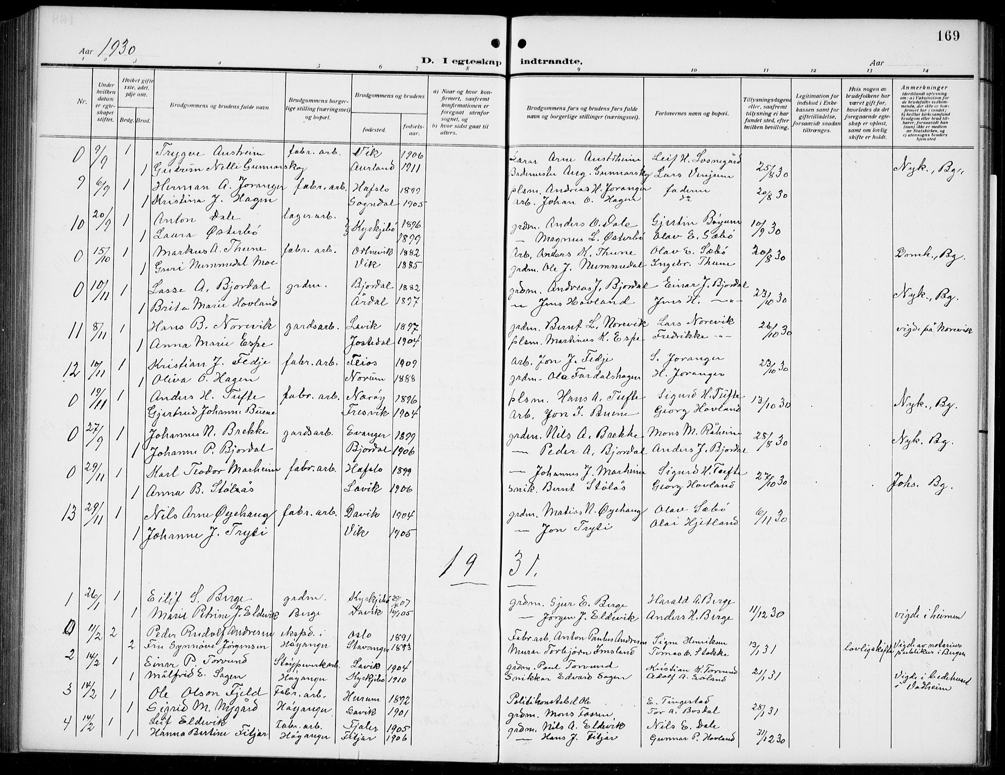Lavik sokneprestembete, AV/SAB-A-80901: Parish register (copy) no. B 4, 1914-1937, p. 169