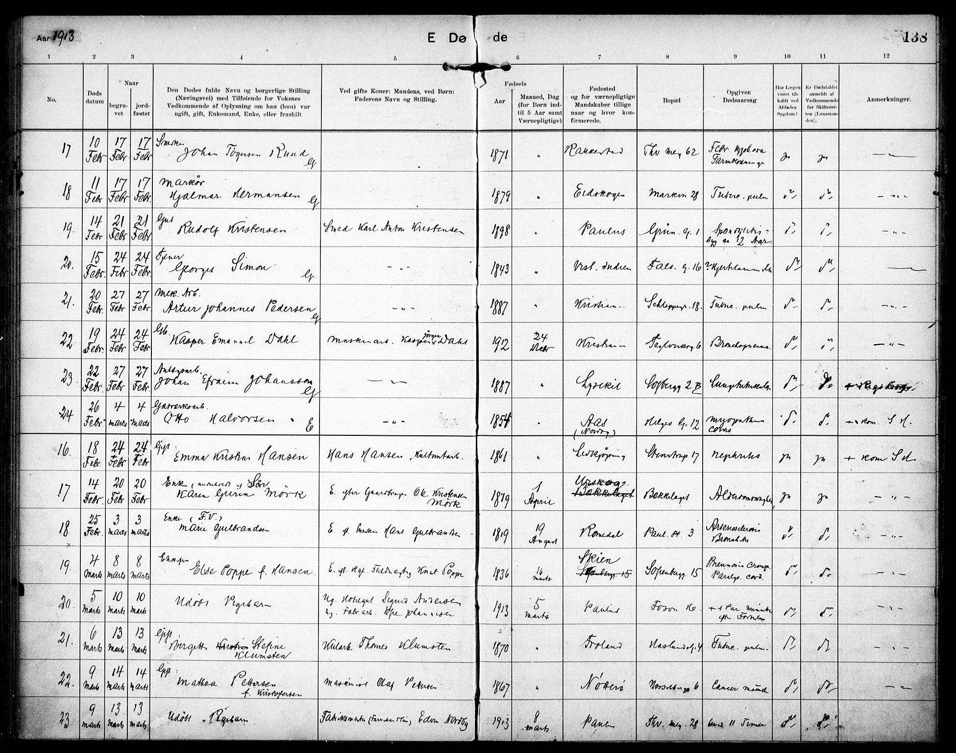 Paulus prestekontor Kirkebøker, AV/SAO-A-10871/F/Fa/L0018: Parish register (official) no. 18, 1906-1915, p. 138