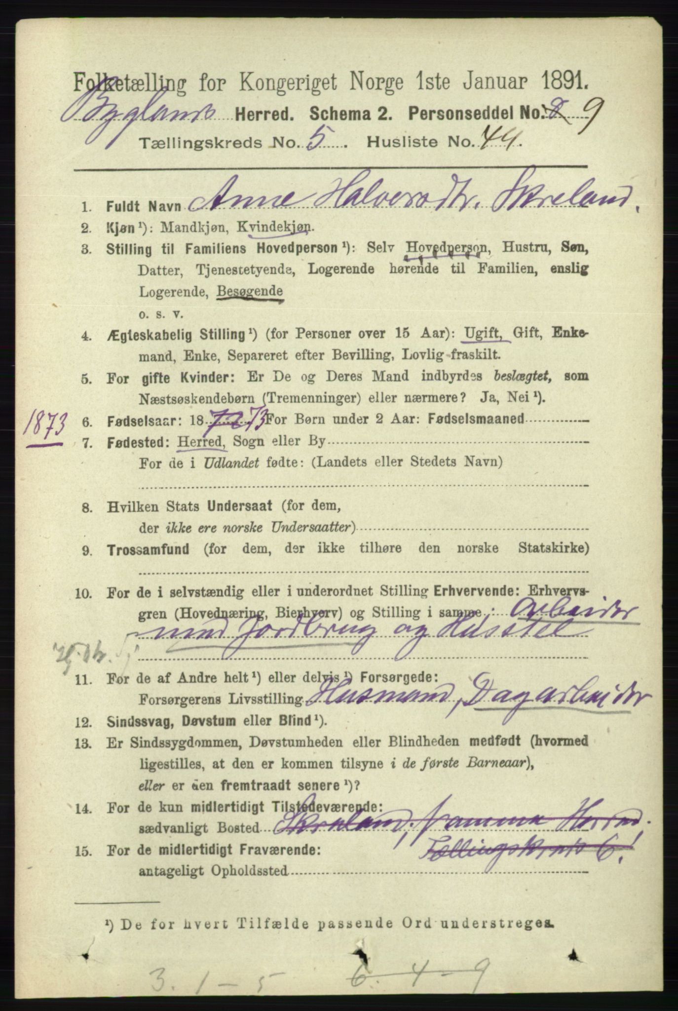 RA, 1891 census for 0938 Bygland, 1891, p. 1305