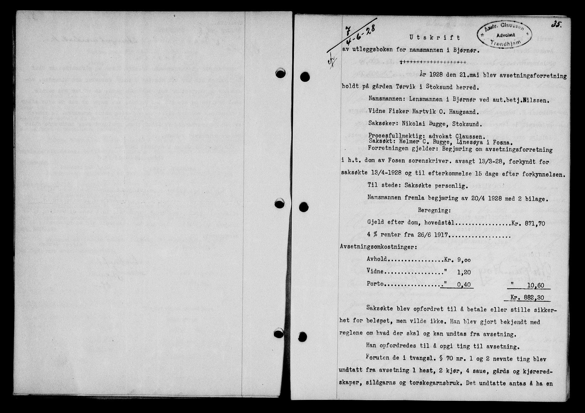 Fosen sorenskriveri, AV/SAT-A-1107/1/2/2C/L0067: Mortgage book no. 58, 1928-1929, p. 35, Deed date: 04.06.1928