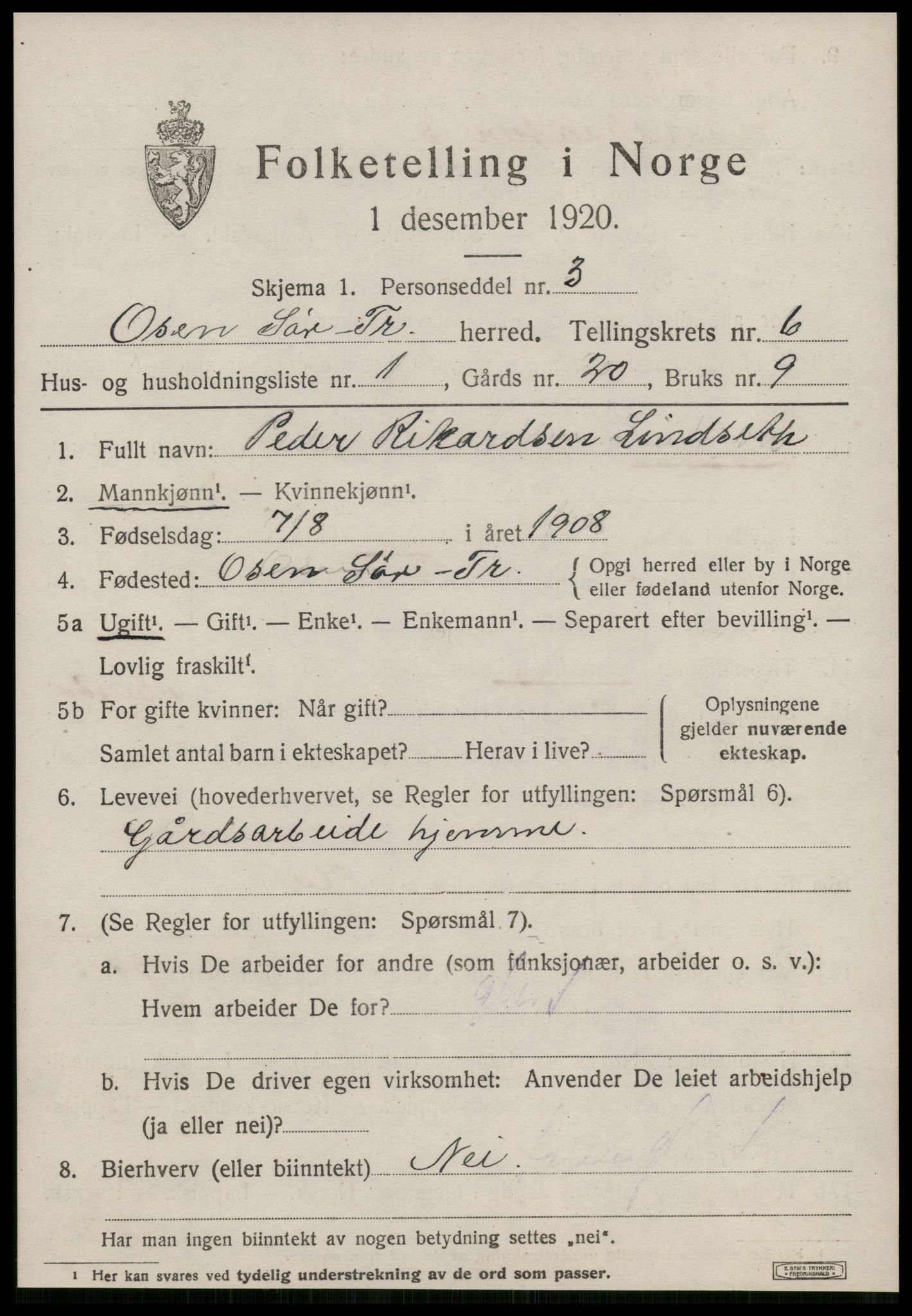 SAT, 1920 census for Osen, 1920, p. 2551