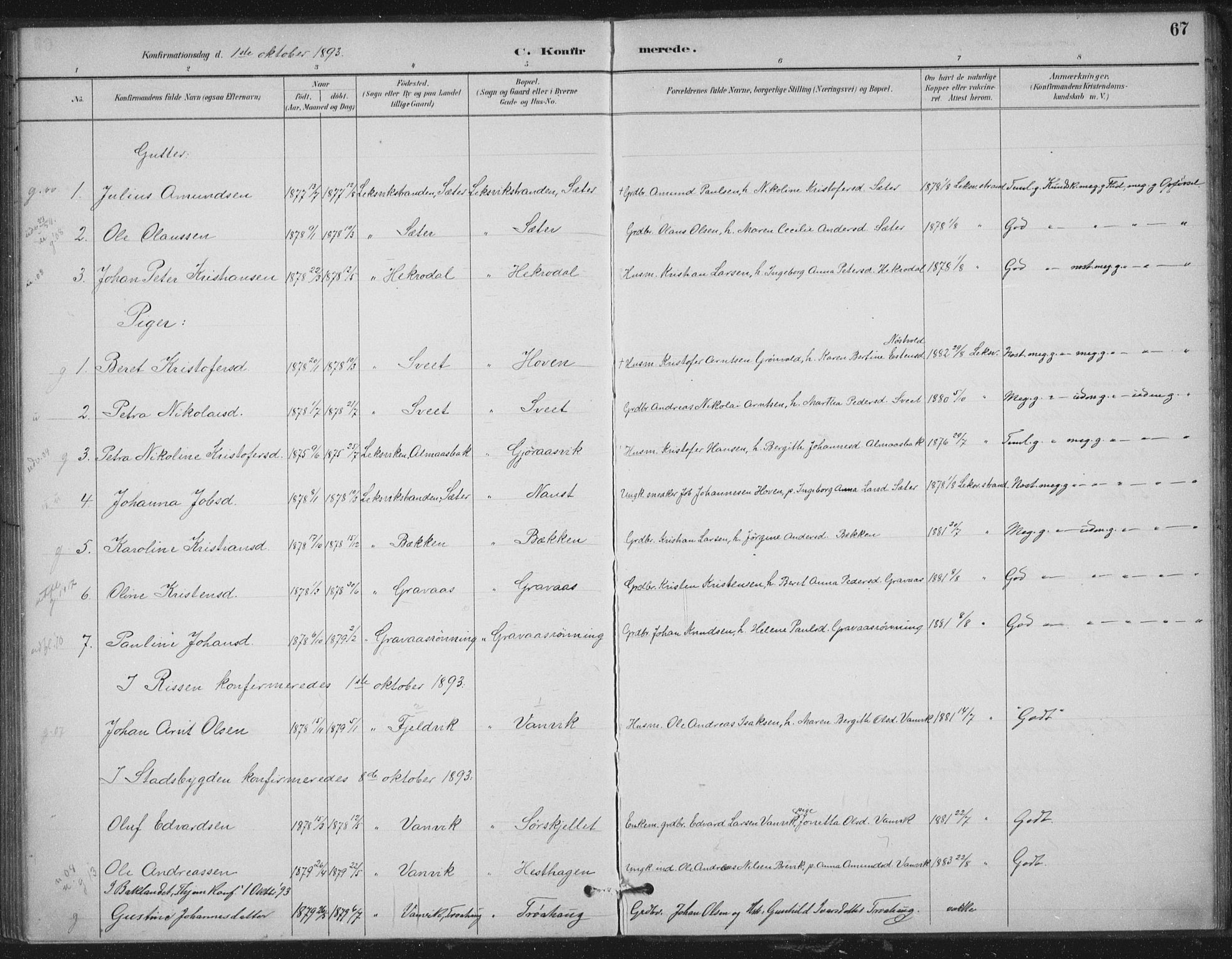 Ministerialprotokoller, klokkerbøker og fødselsregistre - Nord-Trøndelag, AV/SAT-A-1458/702/L0023: Parish register (official) no. 702A01, 1883-1897, p. 67