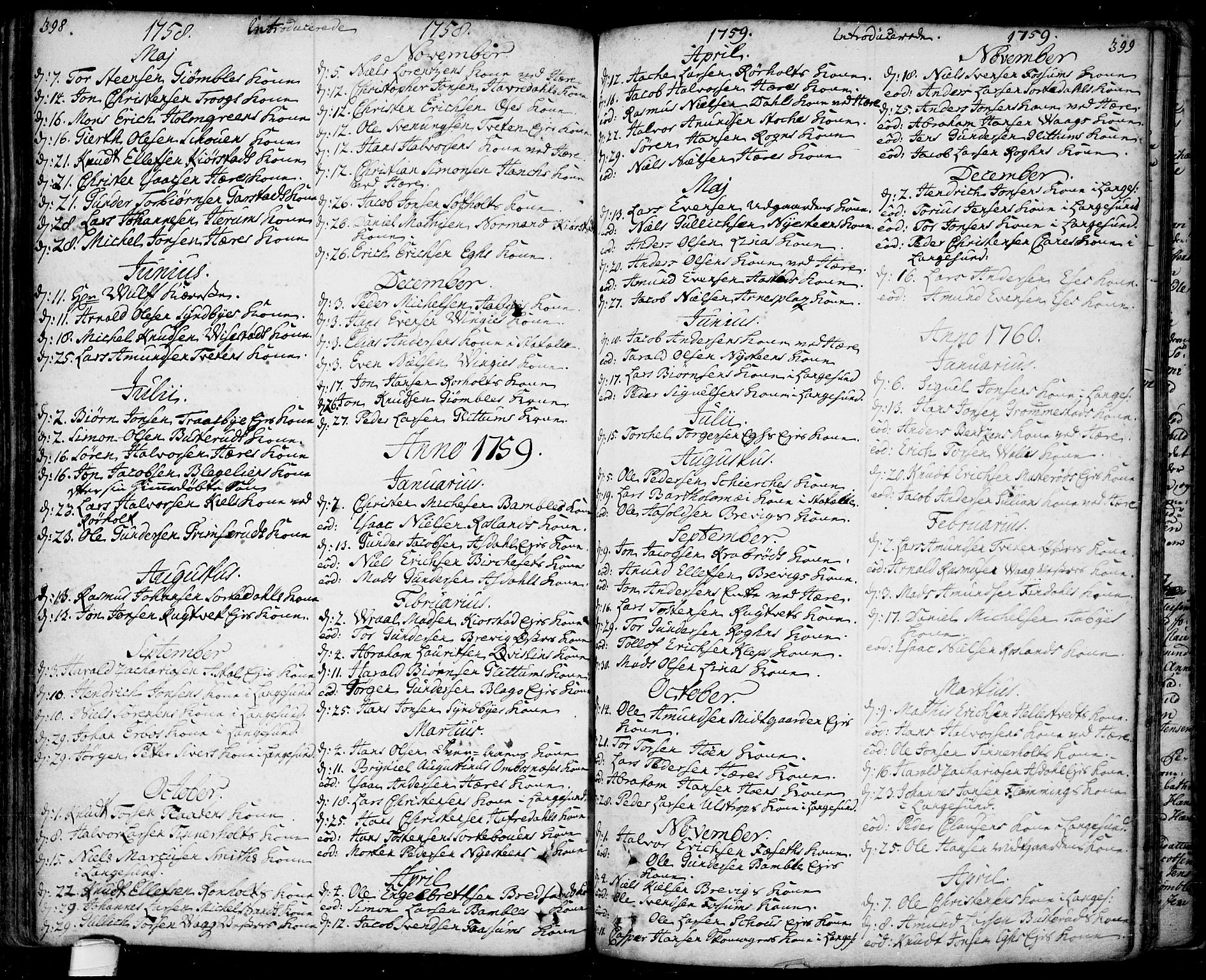 Bamble kirkebøker, SAKO/A-253/F/Fa/L0001: Parish register (official) no. I 1, 1702-1774, p. 398-399