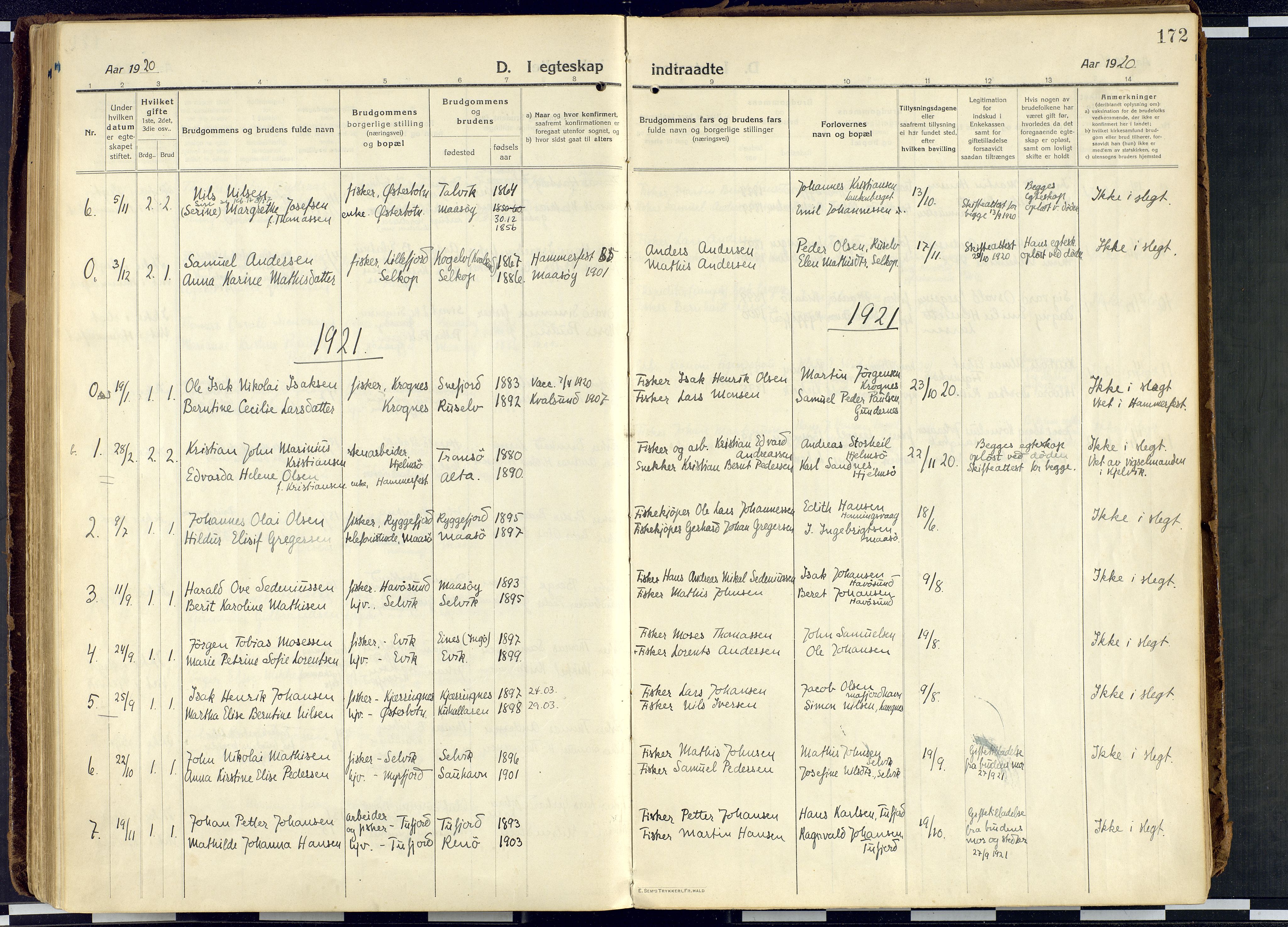 Måsøy sokneprestkontor, AV/SATØ-S-1348/H/Ha/L0010kirke: Parish register (official) no. 10, 1915-1933, p. 172