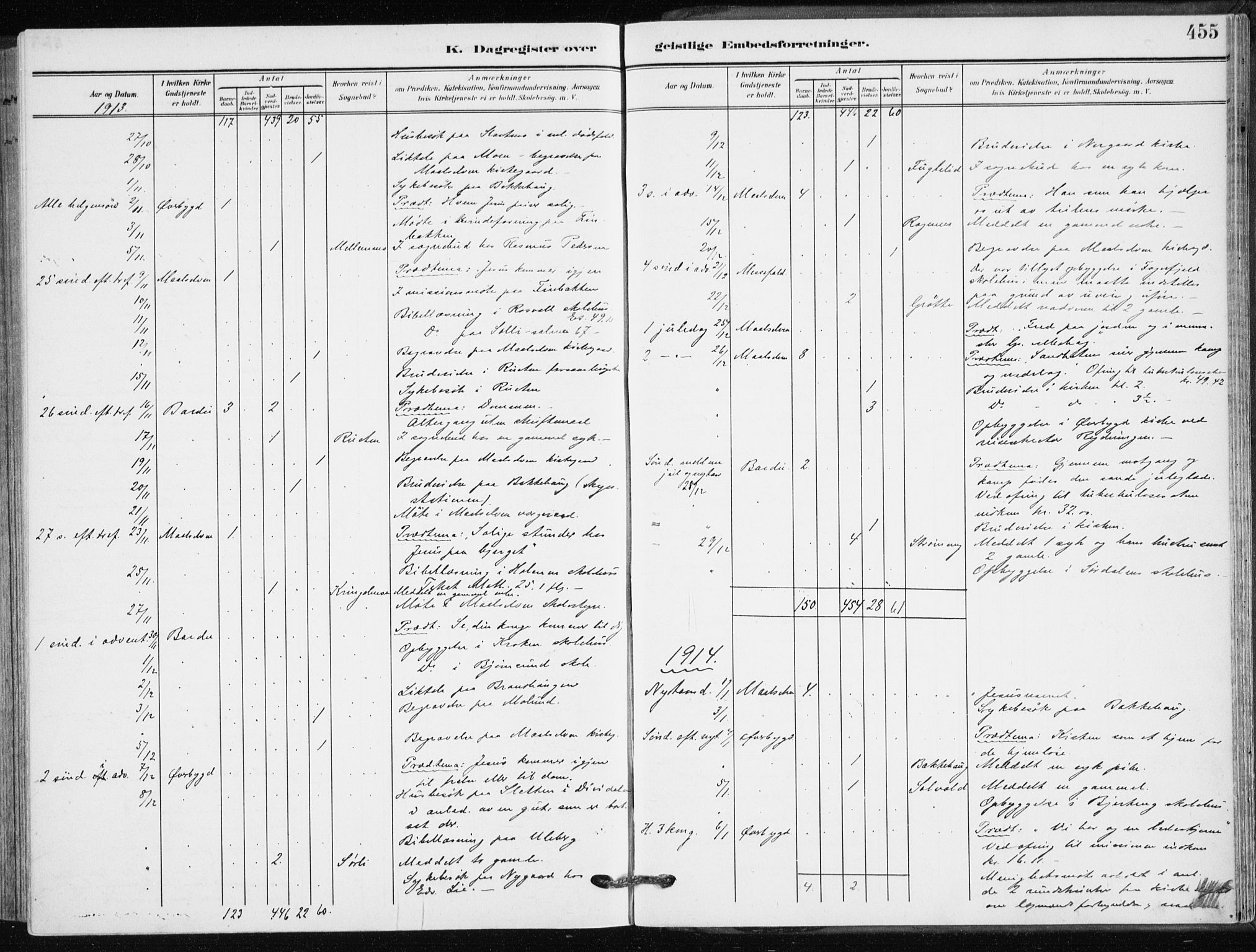 Målselv sokneprestembete, AV/SATØ-S-1311/G/Ga/Gaa/L0011kirke: Parish register (official) no. 11, 1904-1918, p. 455