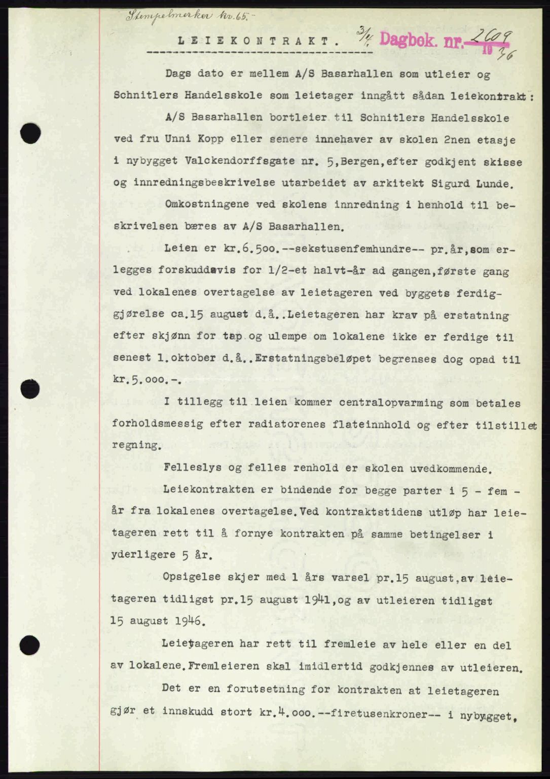 Byfogd og Byskriver i Bergen, AV/SAB-A-3401/03/03Bd/L0001: Mortgage book no. B1-25, 1936-1945, Diary no: : 2609/1936