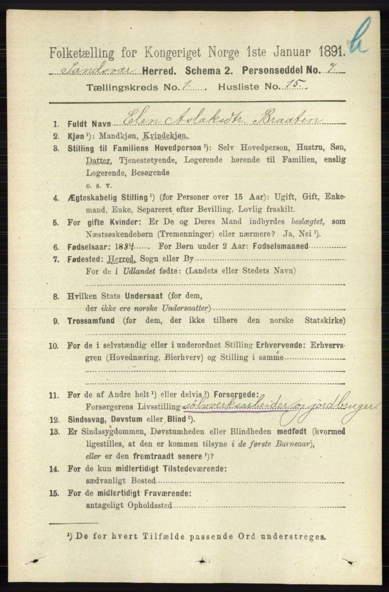 RA, 1891 census for 0629 Sandsvær, 1891, p. 5634