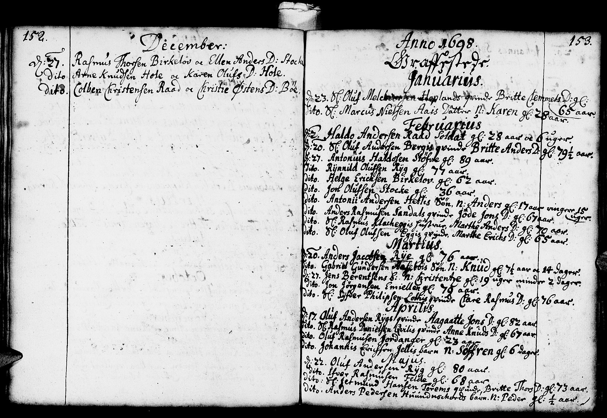 Gloppen sokneprestembete, SAB/A-80101/H/Haa/Haaa/L0001: Parish register (official) no. A 1, 1686-1711, p. 152-153