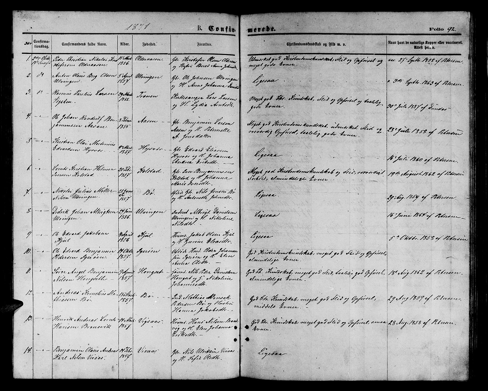 Ministerialprotokoller, klokkerbøker og fødselsregistre - Nordland, SAT/A-1459/816/L0252: Parish register (copy) no. 816C02, 1871-1885, p. 92