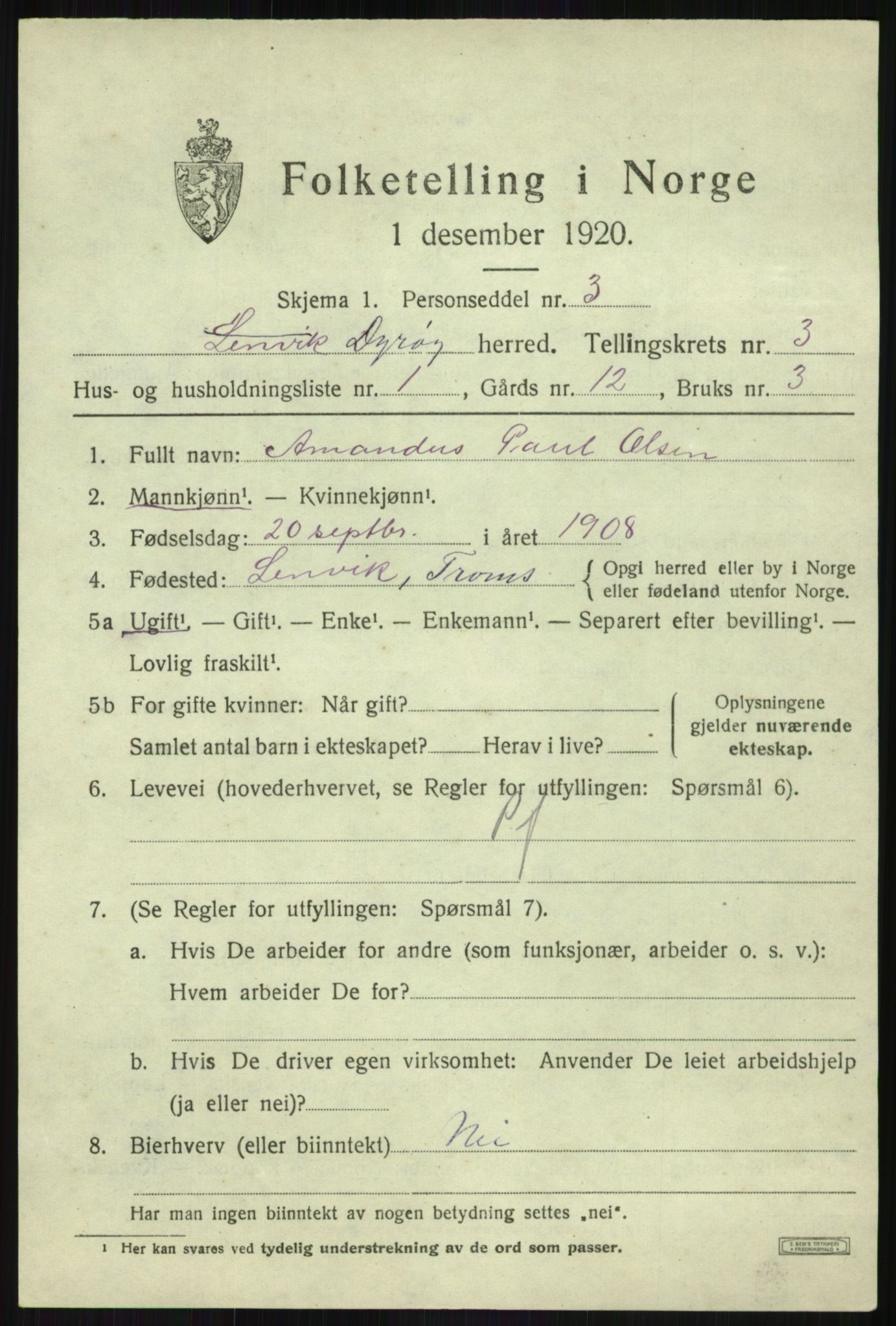 SATØ, 1920 census for Dyrøy, 1920, p. 1659