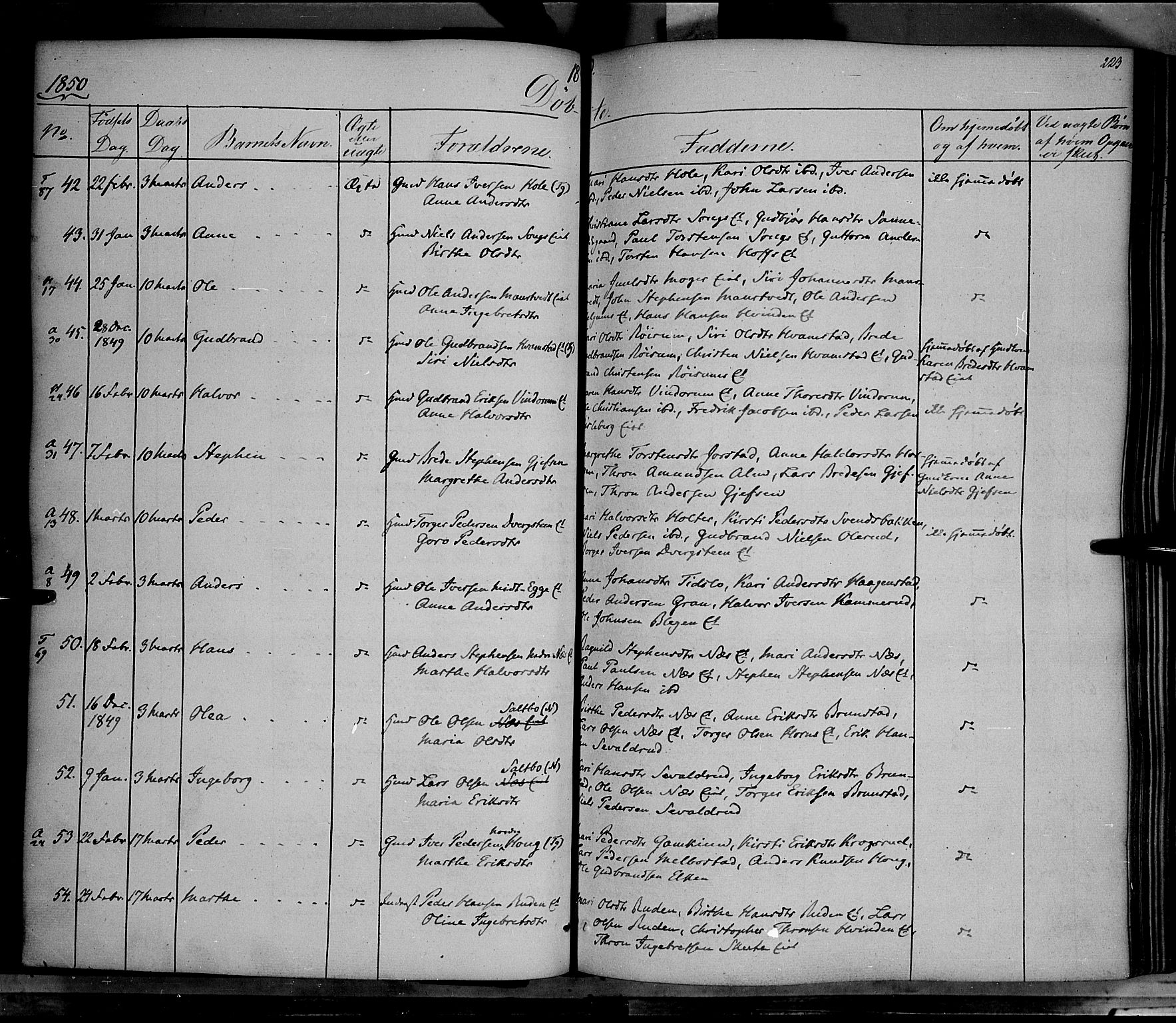 Gran prestekontor, AV/SAH-PREST-112/H/Ha/Haa/L0011: Parish register (official) no. 11, 1842-1856, p. 222-223