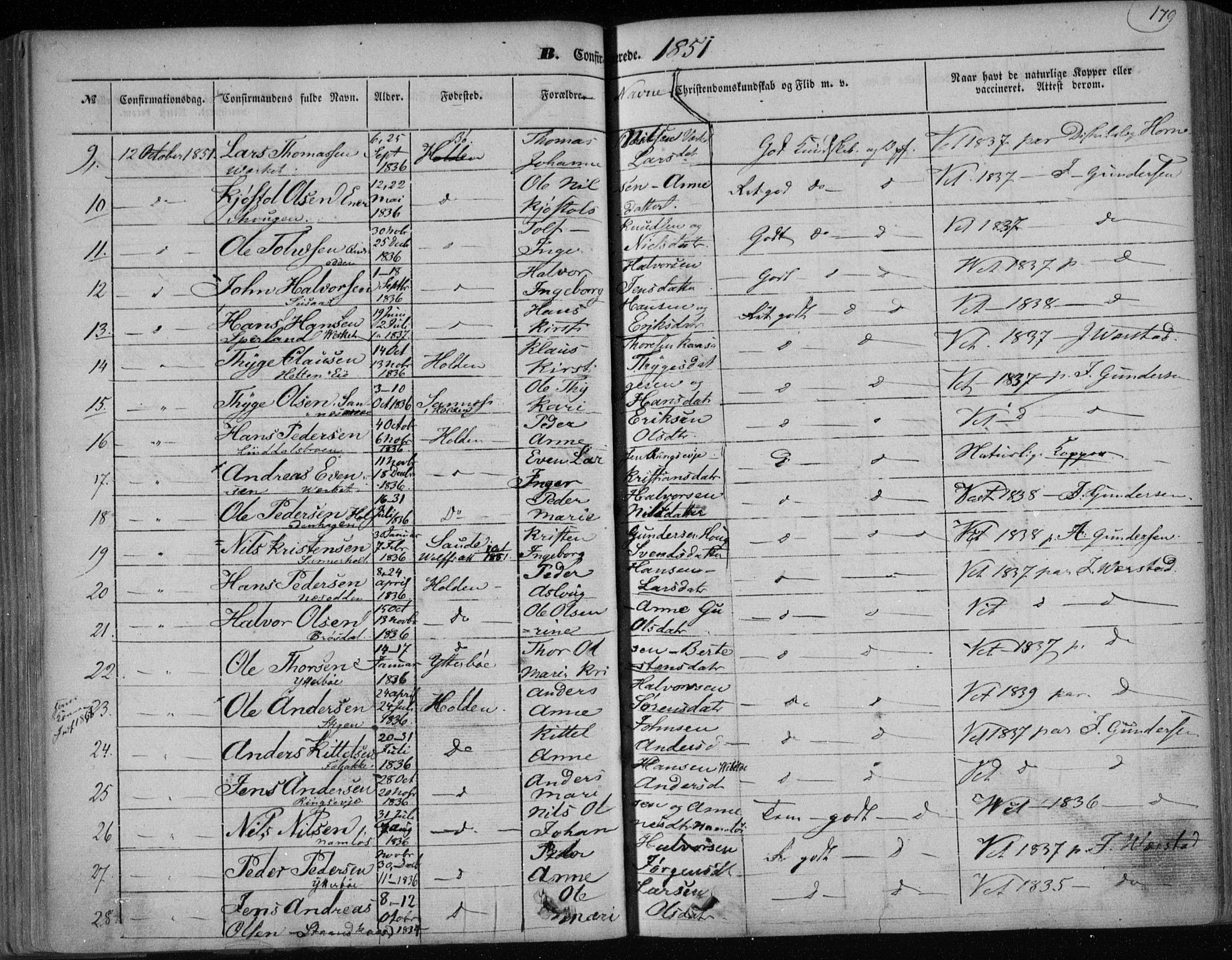 Holla kirkebøker, AV/SAKO-A-272/F/Fa/L0005: Parish register (official) no. 5, 1849-1860, p. 179