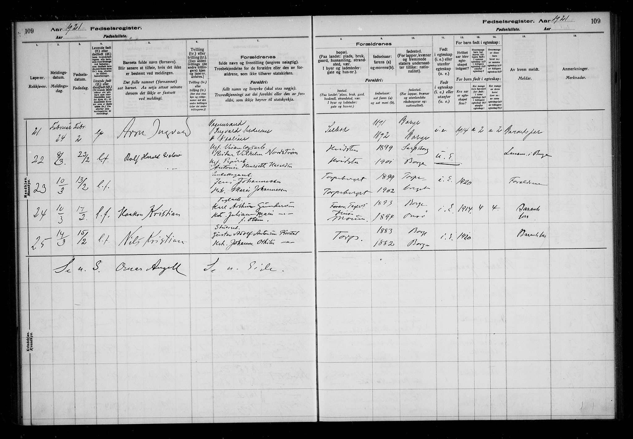 Borge prestekontor Kirkebøker, AV/SAO-A-10903/J/Ja/L0001: Birth register no. I 1, 1916-1925, p. 109