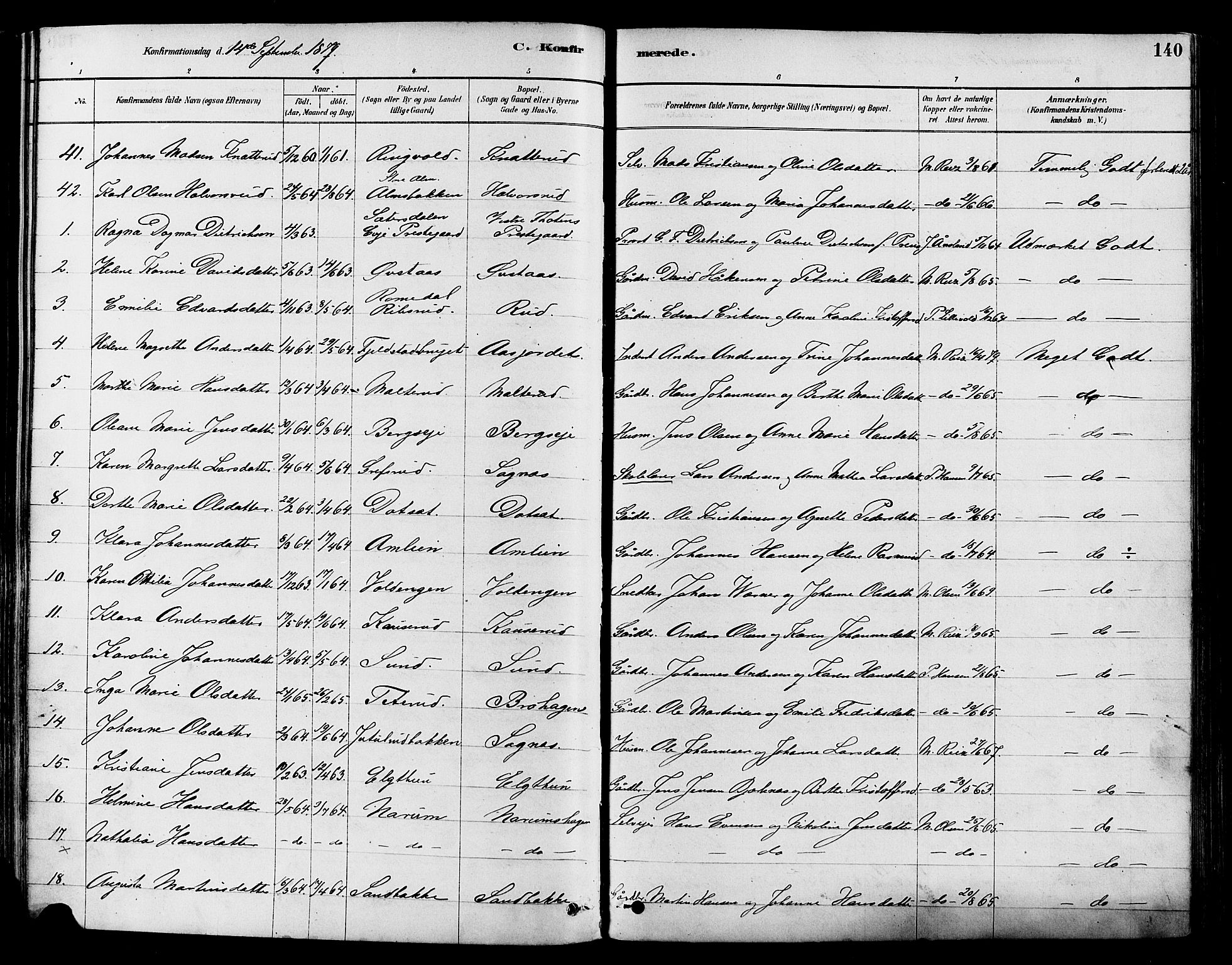 Vestre Toten prestekontor, AV/SAH-PREST-108/H/Ha/Haa/L0009: Parish register (official) no. 9, 1878-1894, p. 140