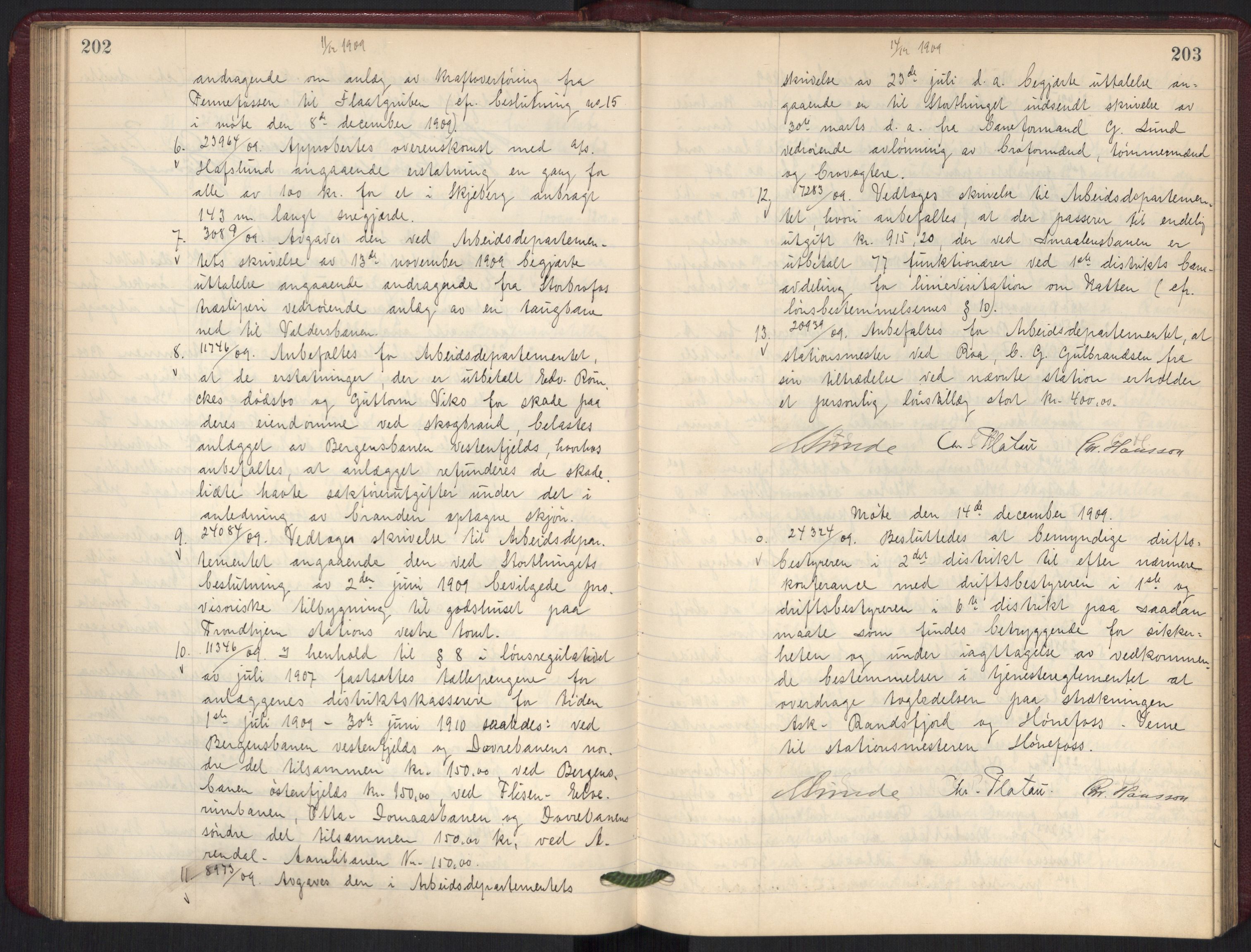 Norges statsbaner, Administrasjons- økonomi- og personalavdelingen, AV/RA-S-3412/A/Aa/L0010: Forhandlingsprotokoll, 1909-1910, p. 202-203