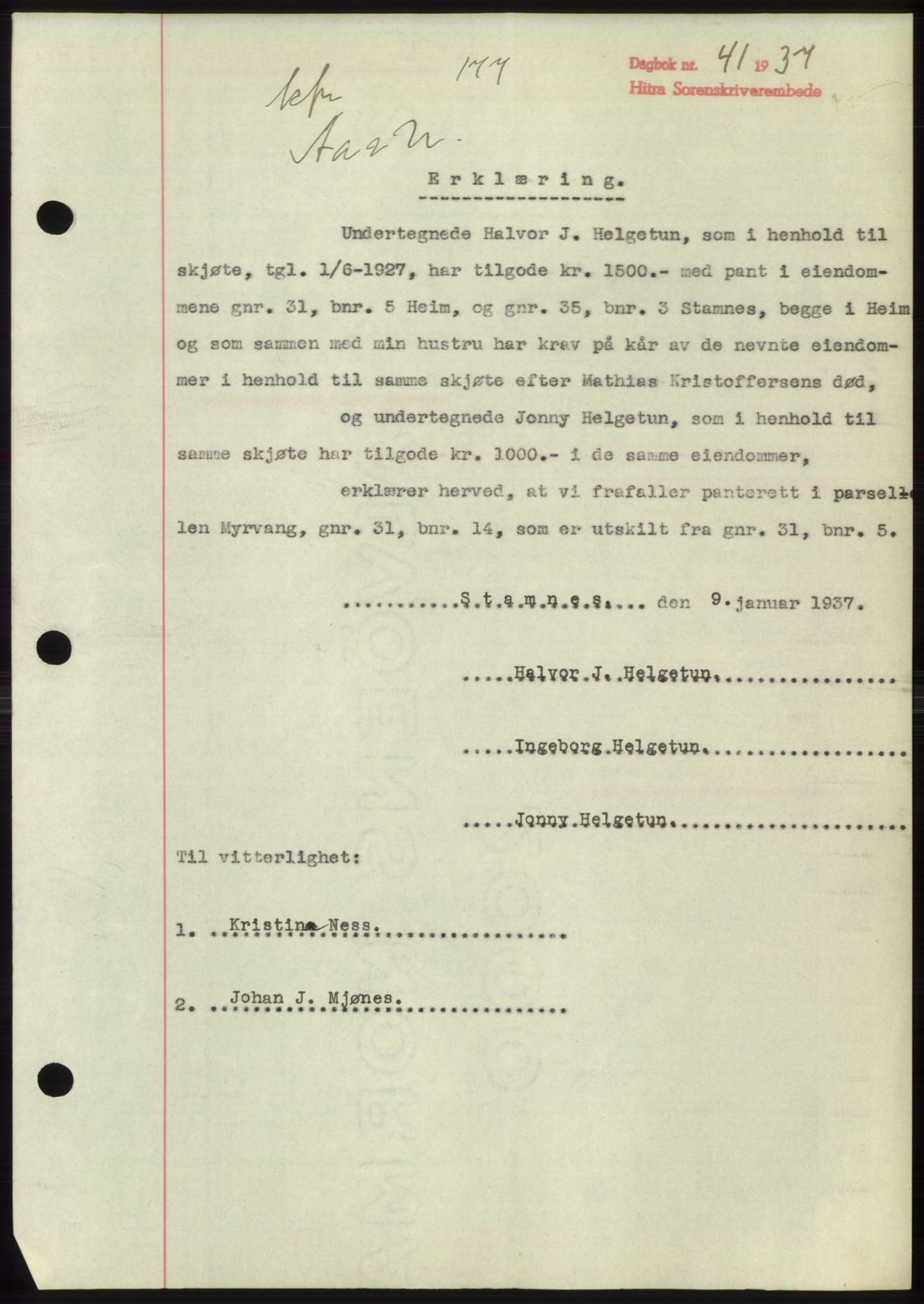 Hitra sorenskriveri, AV/SAT-A-0018/2/2C/2Ca: Mortgage book no. C1, 1936-1945, Diary no: : 41/1937