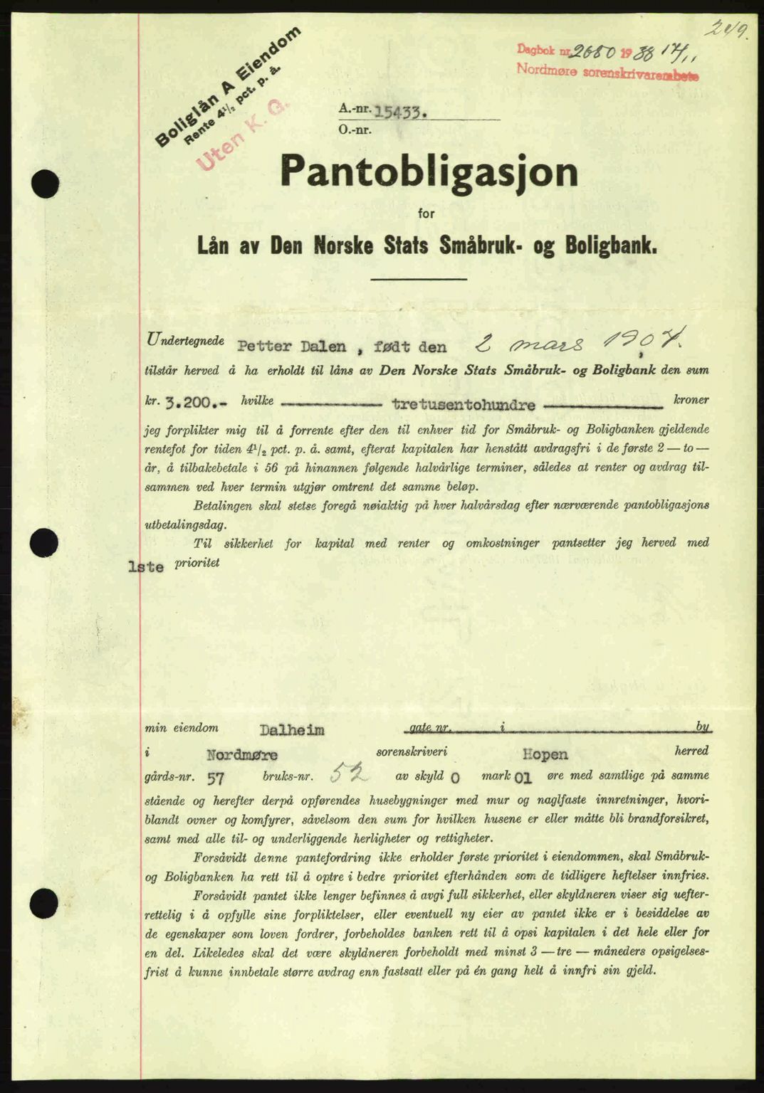 Nordmøre sorenskriveri, SAT/A-4132/1/2/2Ca: Mortgage book no. B84, 1938-1939, Diary no: : 2680/1938