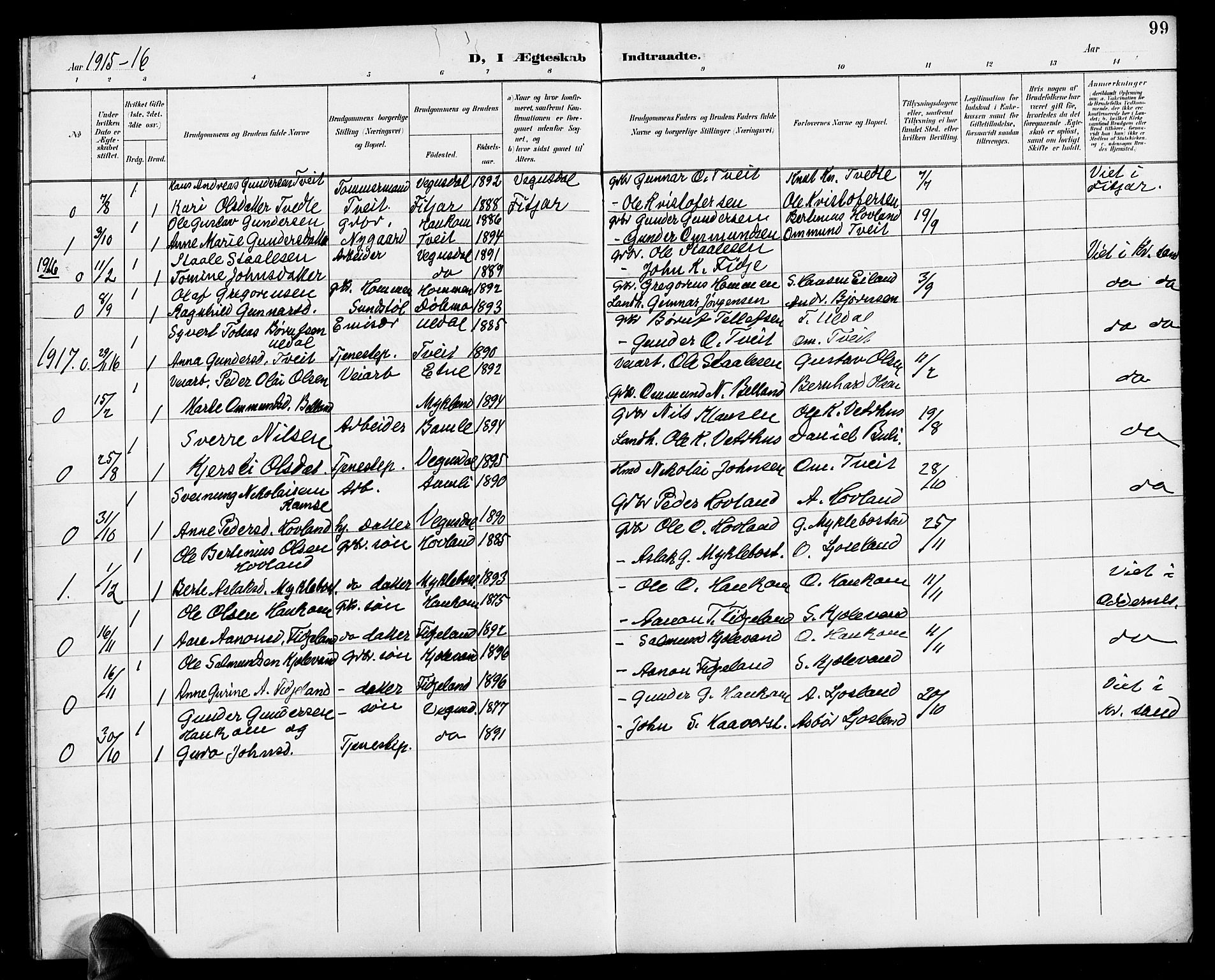 Herefoss sokneprestkontor, SAK/1111-0019/F/Fb/Fbb/L0003: Parish register (copy) no. B 3, 1892-1917, p. 99