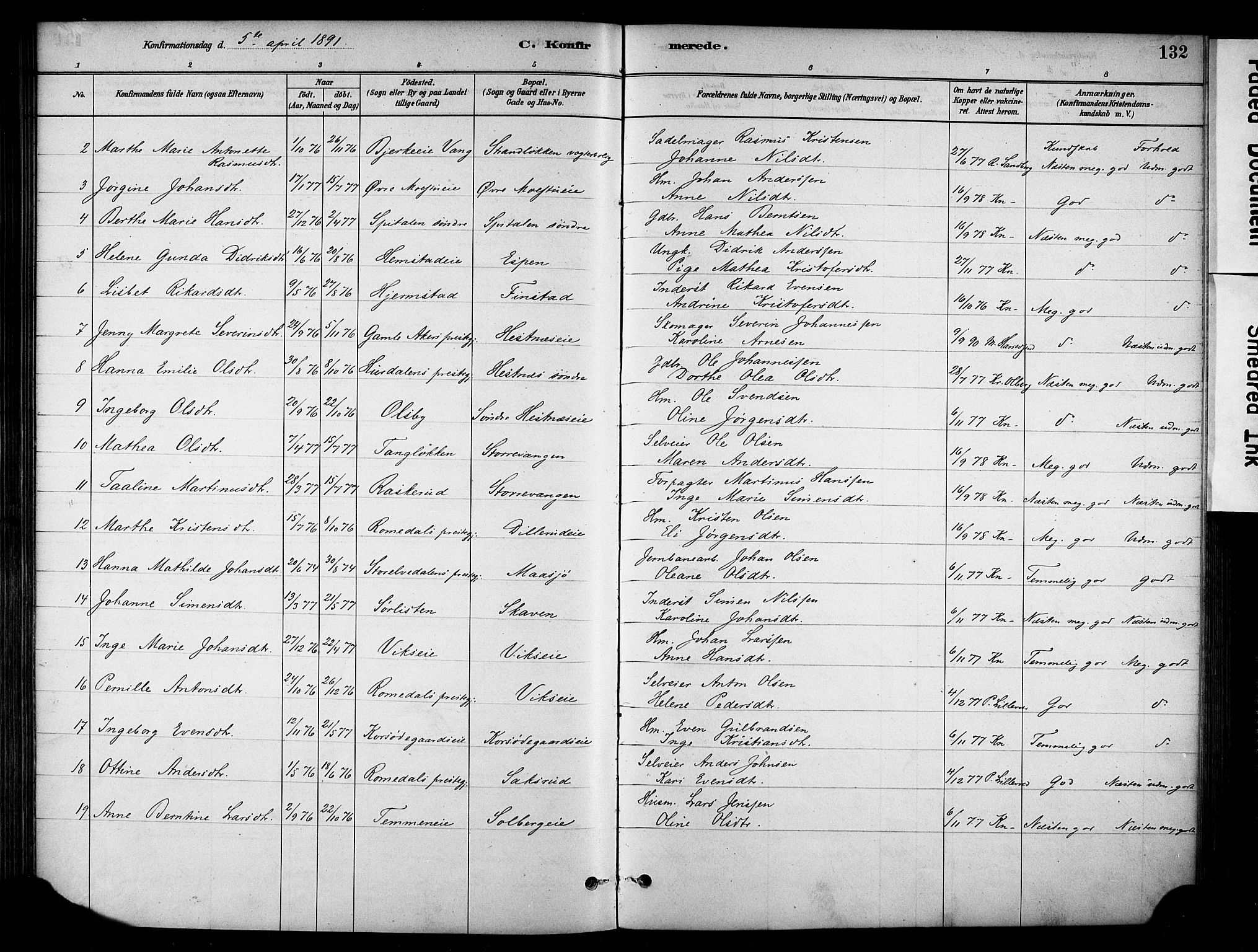 Stange prestekontor, AV/SAH-PREST-002/K/L0018: Parish register (official) no. 18, 1880-1896, p. 132