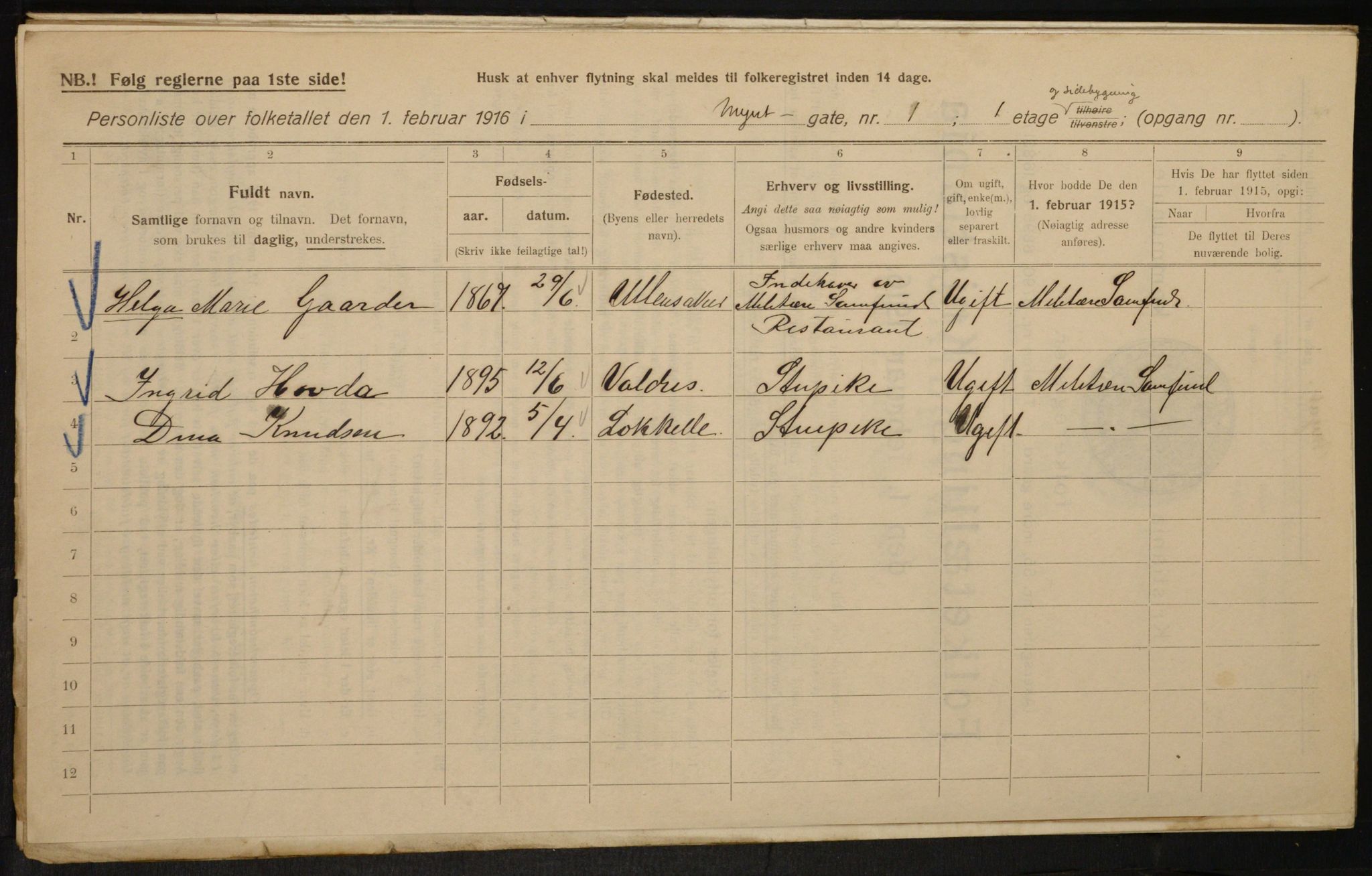 OBA, Municipal Census 1916 for Kristiania, 1916, p. 70019