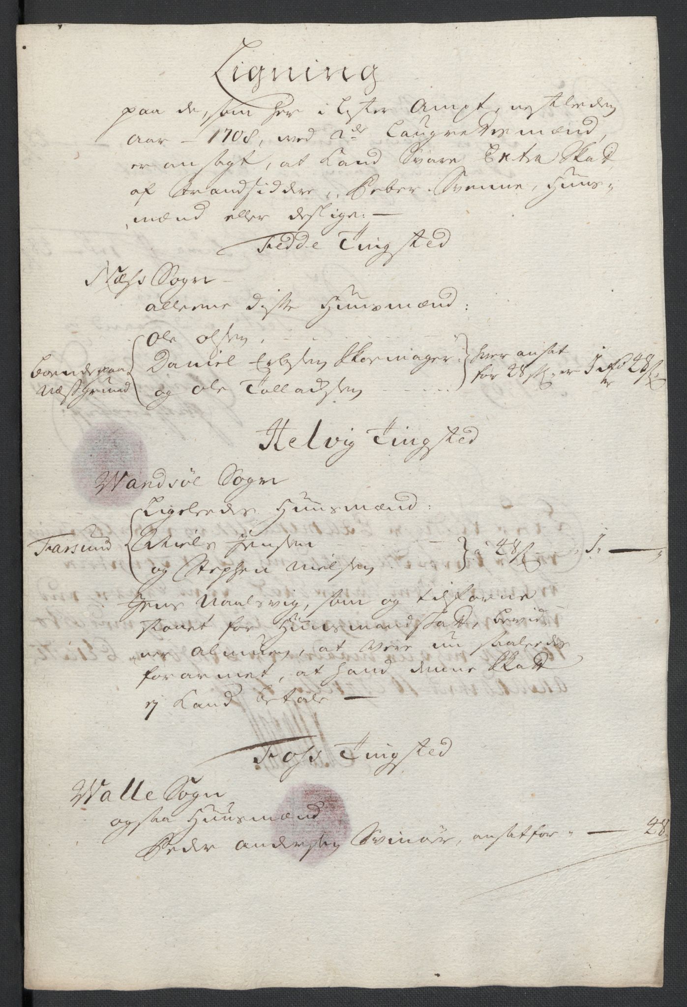 Rentekammeret inntil 1814, Reviderte regnskaper, Fogderegnskap, AV/RA-EA-4092/R43/L2552: Fogderegnskap Lista og Mandal, 1705-1709, p. 70