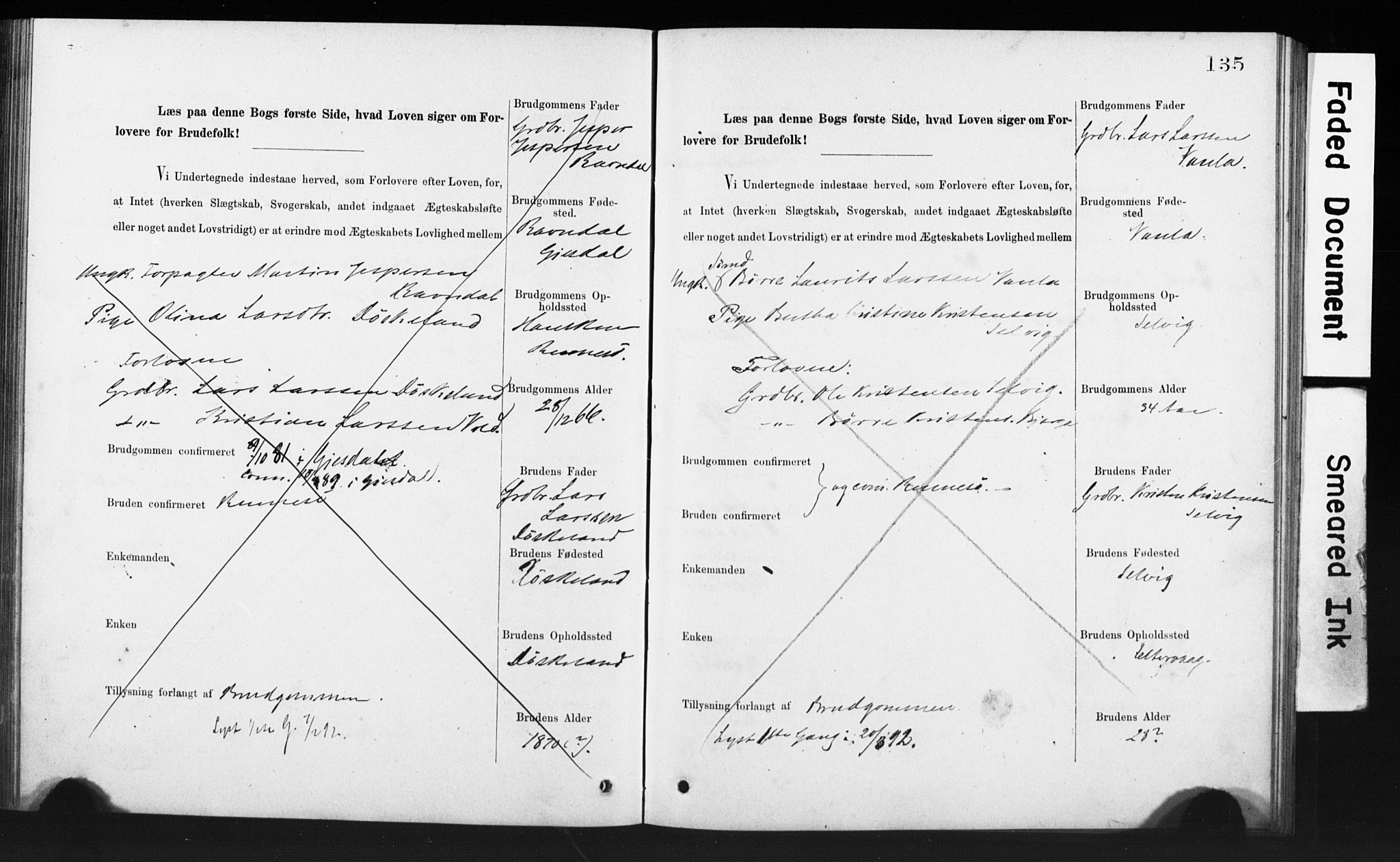 Rennesøy sokneprestkontor, AV/SAST-A -101827/I/Ie/L0001: Banns register no. 1, 1873-1898, p. 135