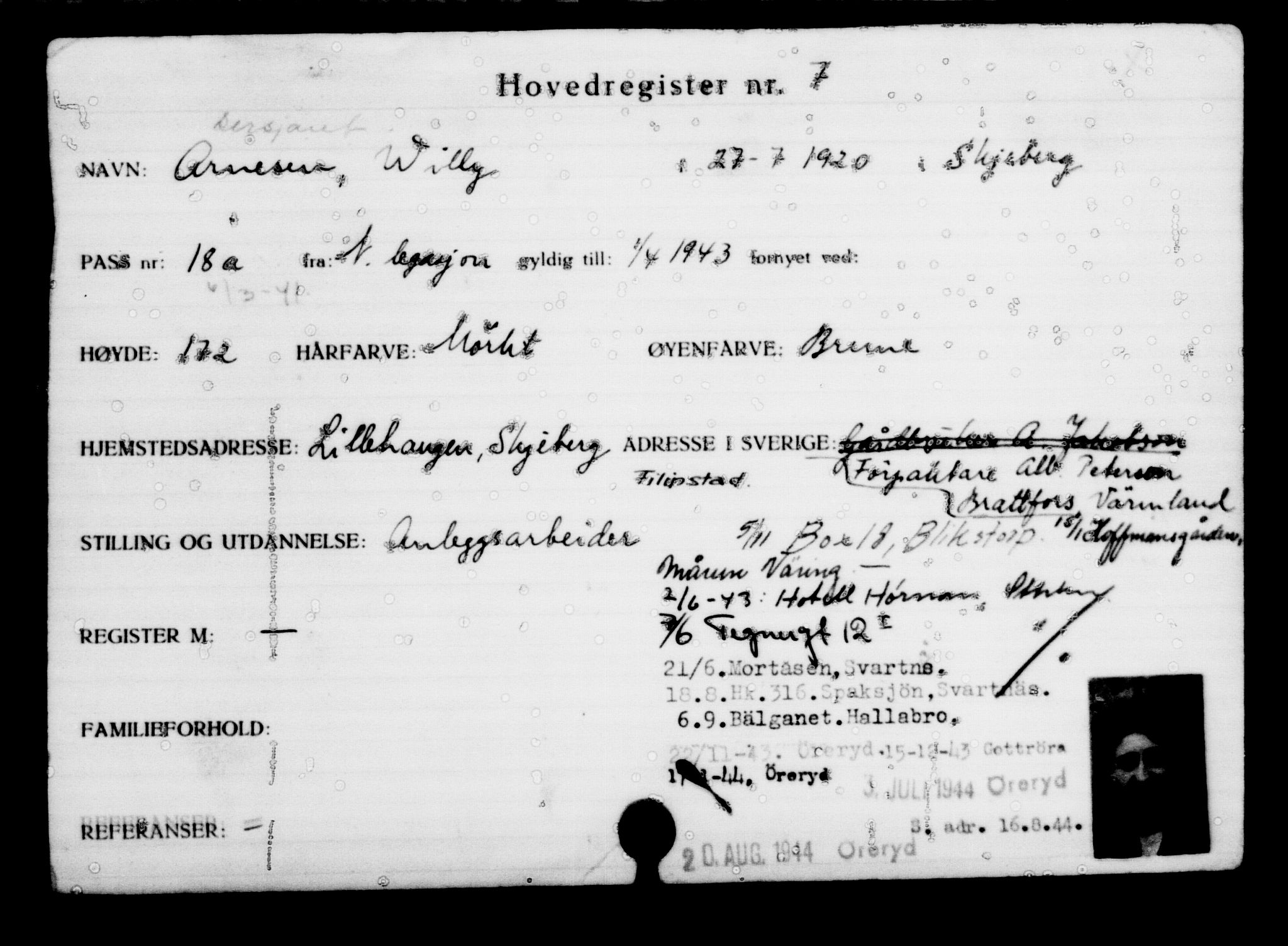 Utenriksstasjonene, Legasjonen i Stockholm, Flyktningkontoret, AV/RA-S-6753/V/Va/L0001: Kjesäterkartoteket, flyktninger med registreringsnr. 1-1000, 1940-1945, p. 9