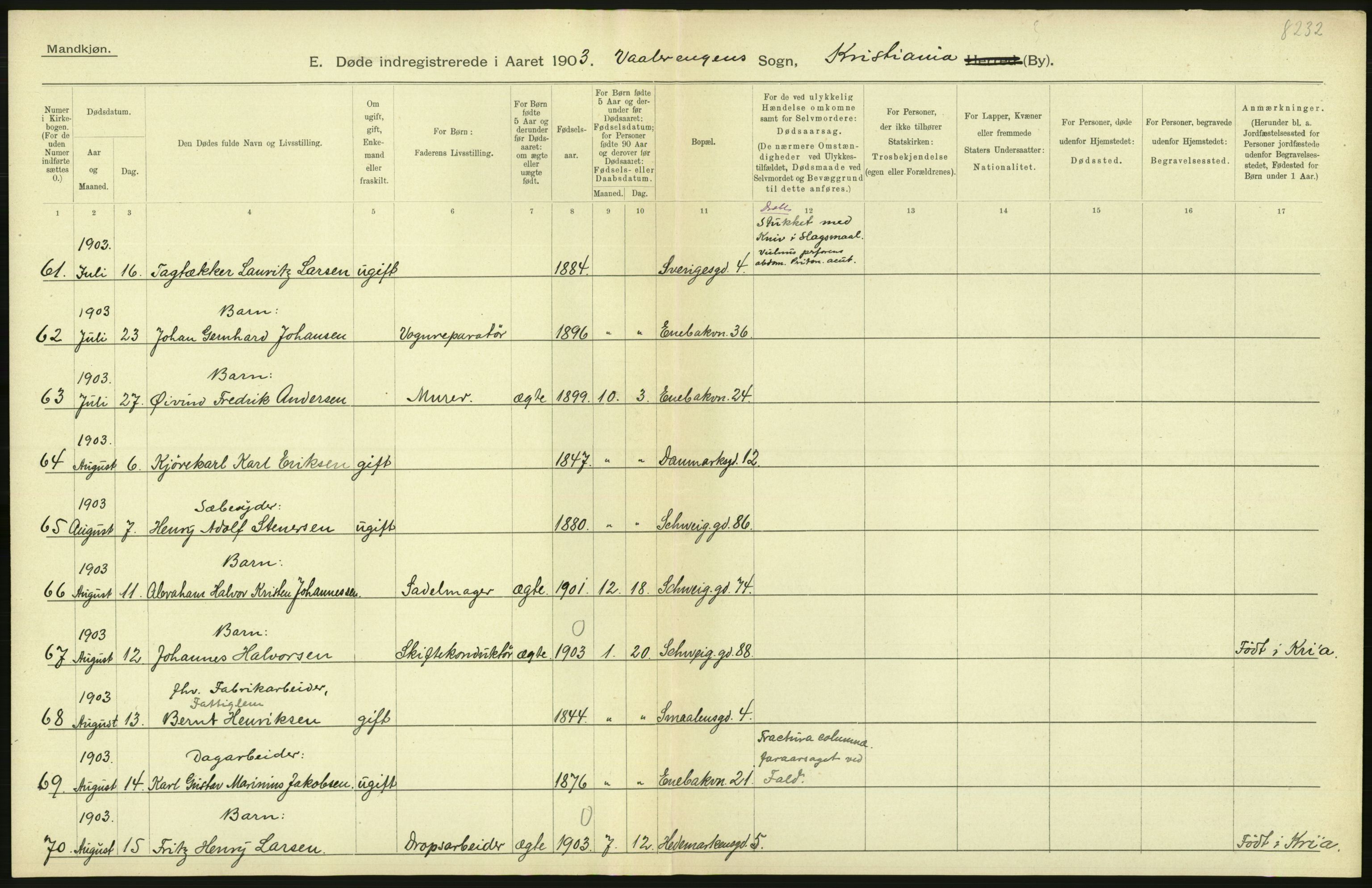 Statistisk sentralbyrå, Sosiodemografiske emner, Befolkning, AV/RA-S-2228/D/Df/Dfa/Dfaa/L0004: Kristiania: Gifte, døde, 1903, p. 420