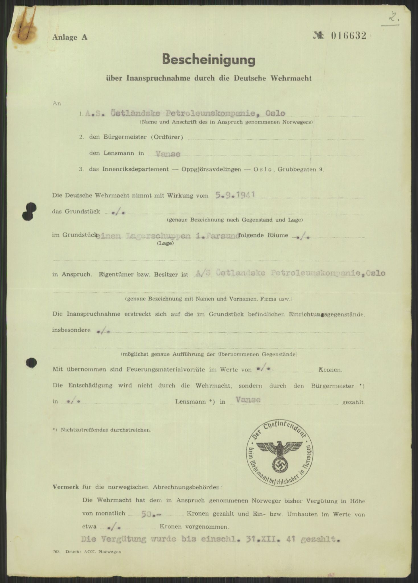 Forsvarsdepartementet, 10. kontor / Oppgjørskontoret, AV/RA-RAFA-1225/D/Db/L0176: Lista oppgjørskontor: Tyske beslagleggelser, 1941-1945, p. 7