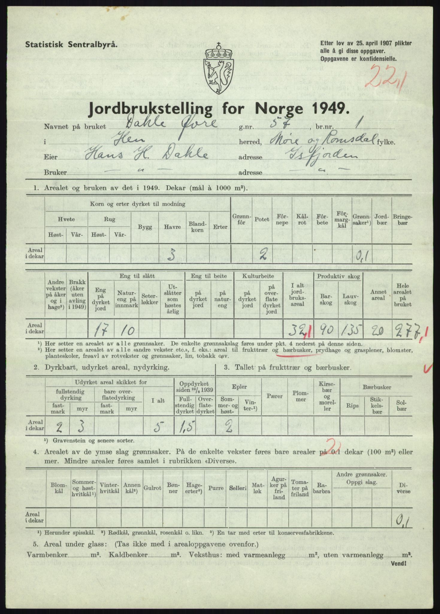 Statistisk sentralbyrå, Næringsøkonomiske emner, Jordbruk, skogbruk, jakt, fiske og fangst, AV/RA-S-2234/G/Gc/L0323: Møre og Romsdal: Grytten og Hen, 1949, p. 663