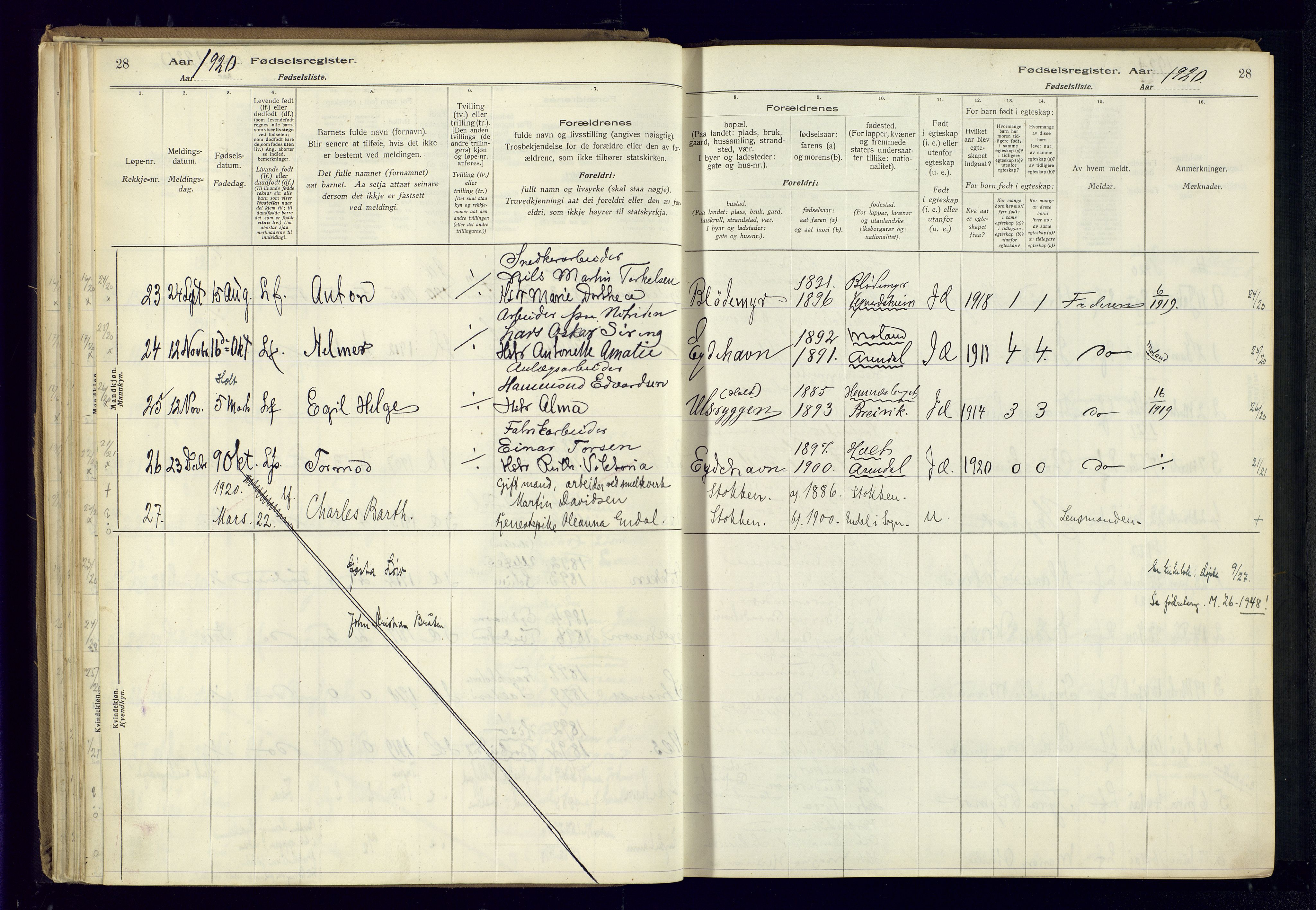 Austre Moland sokneprestkontor, SAK/1111-0001/J/Ja/L0003: Birth register no. A-VI-27, 1916-1950, p. 28