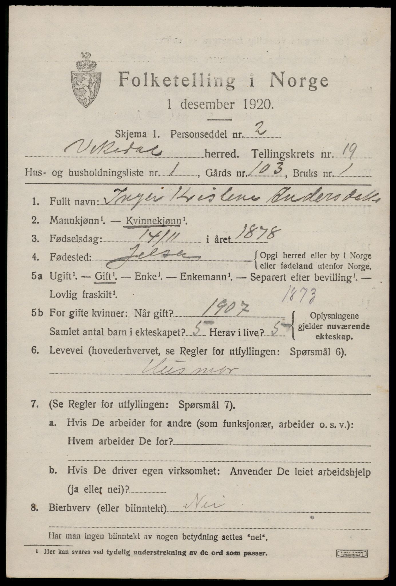 SAST, 1920 census for Vikedal, 1920, p. 5309