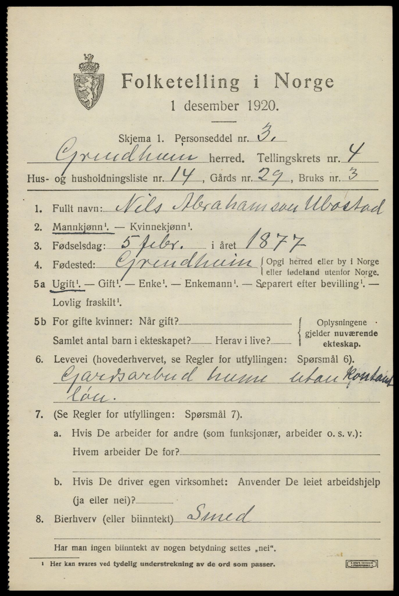 SAK, 1920 census for Grindheim, 1920, p. 1595