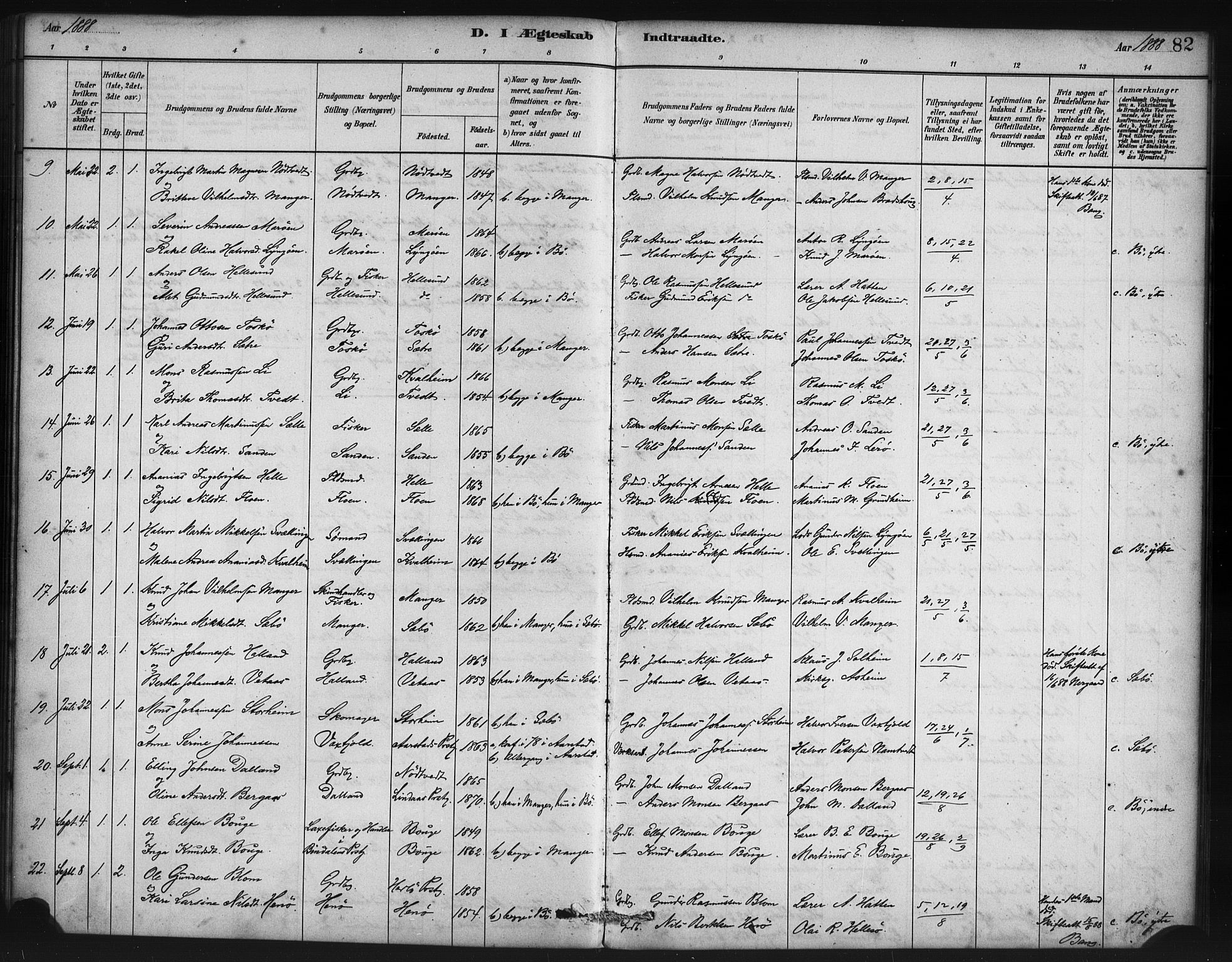 Manger sokneprestembete, AV/SAB-A-76801/H/Haa: Parish register (official) no. B 1, 1881-1892, p. 82