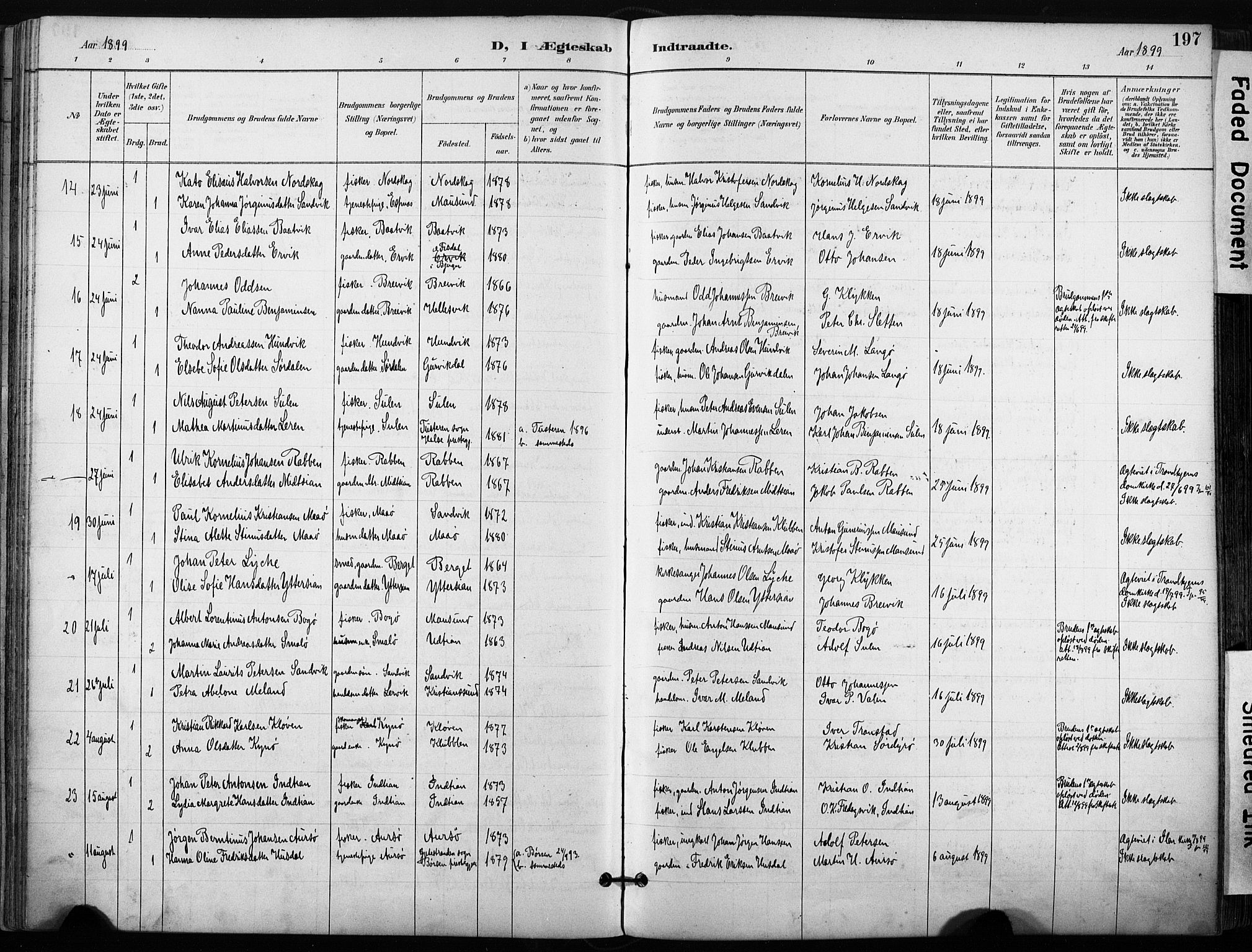 Ministerialprotokoller, klokkerbøker og fødselsregistre - Sør-Trøndelag, AV/SAT-A-1456/640/L0579: Parish register (official) no. 640A04, 1889-1902, p. 197