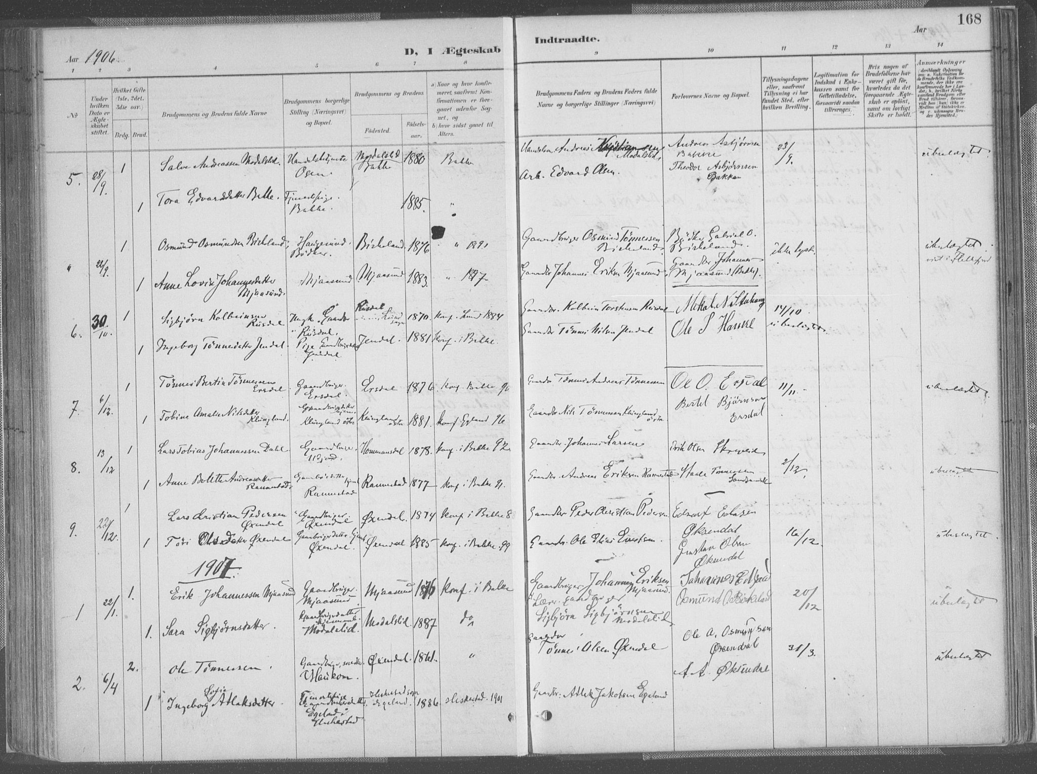 Bakke sokneprestkontor, AV/SAK-1111-0002/F/Fa/Faa/L0008: Parish register (official) no. A 8, 1887-1911, p. 168