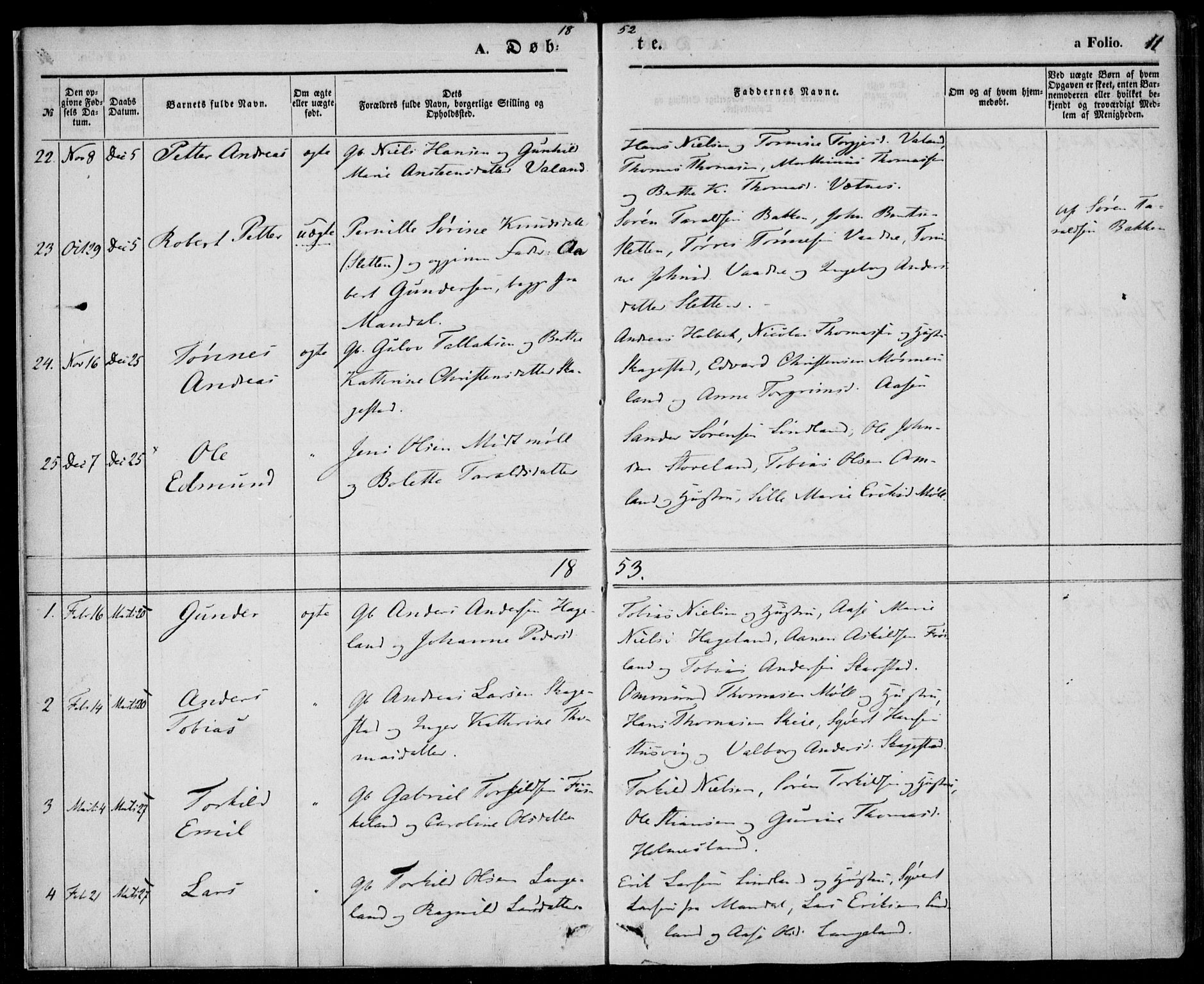 Holum sokneprestkontor, SAK/1111-0022/F/Fa/Faa/L0005: Parish register (official) no. A 5, 1850-1864, p. 11