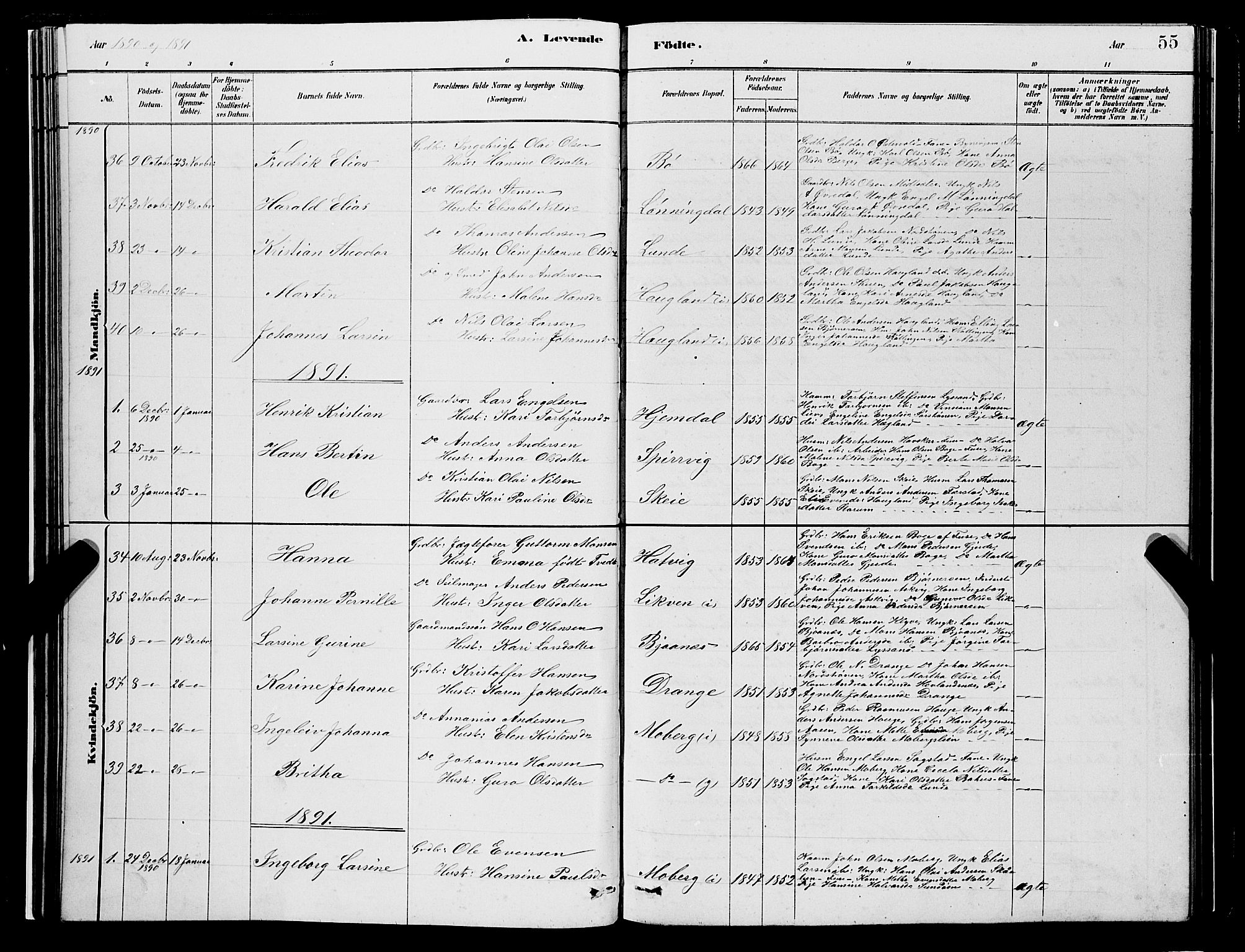 Os sokneprestembete, SAB/A-99929: Parish register (copy) no. A 2, 1880-1896, p. 55