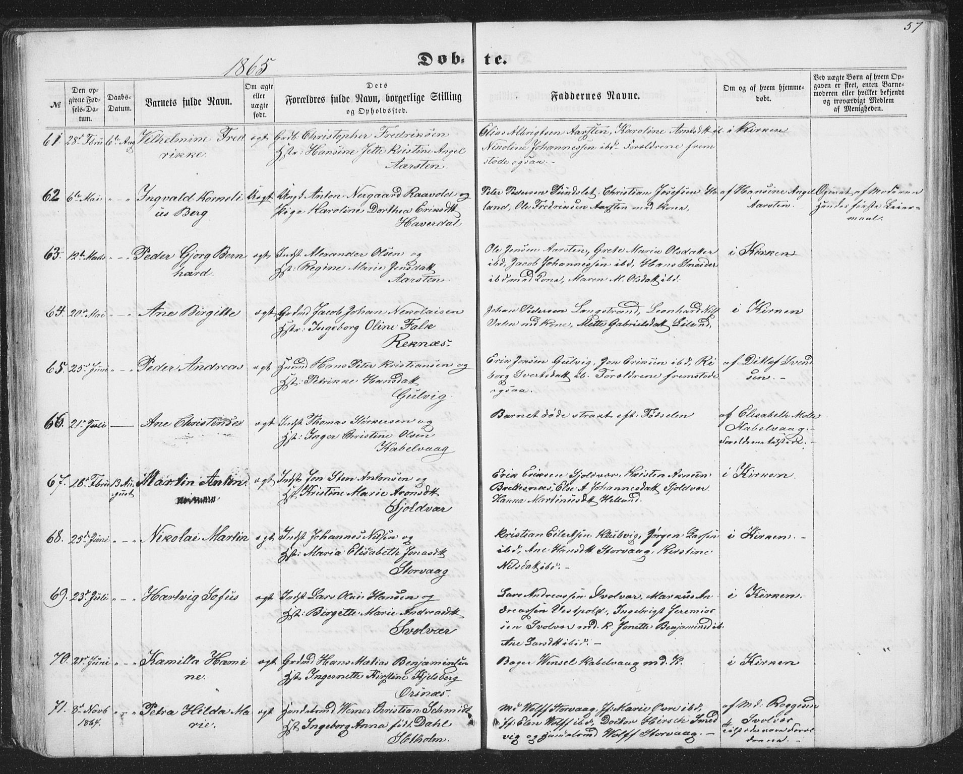 Ministerialprotokoller, klokkerbøker og fødselsregistre - Nordland, AV/SAT-A-1459/874/L1073: Parish register (copy) no. 874C02, 1860-1870, p. 57