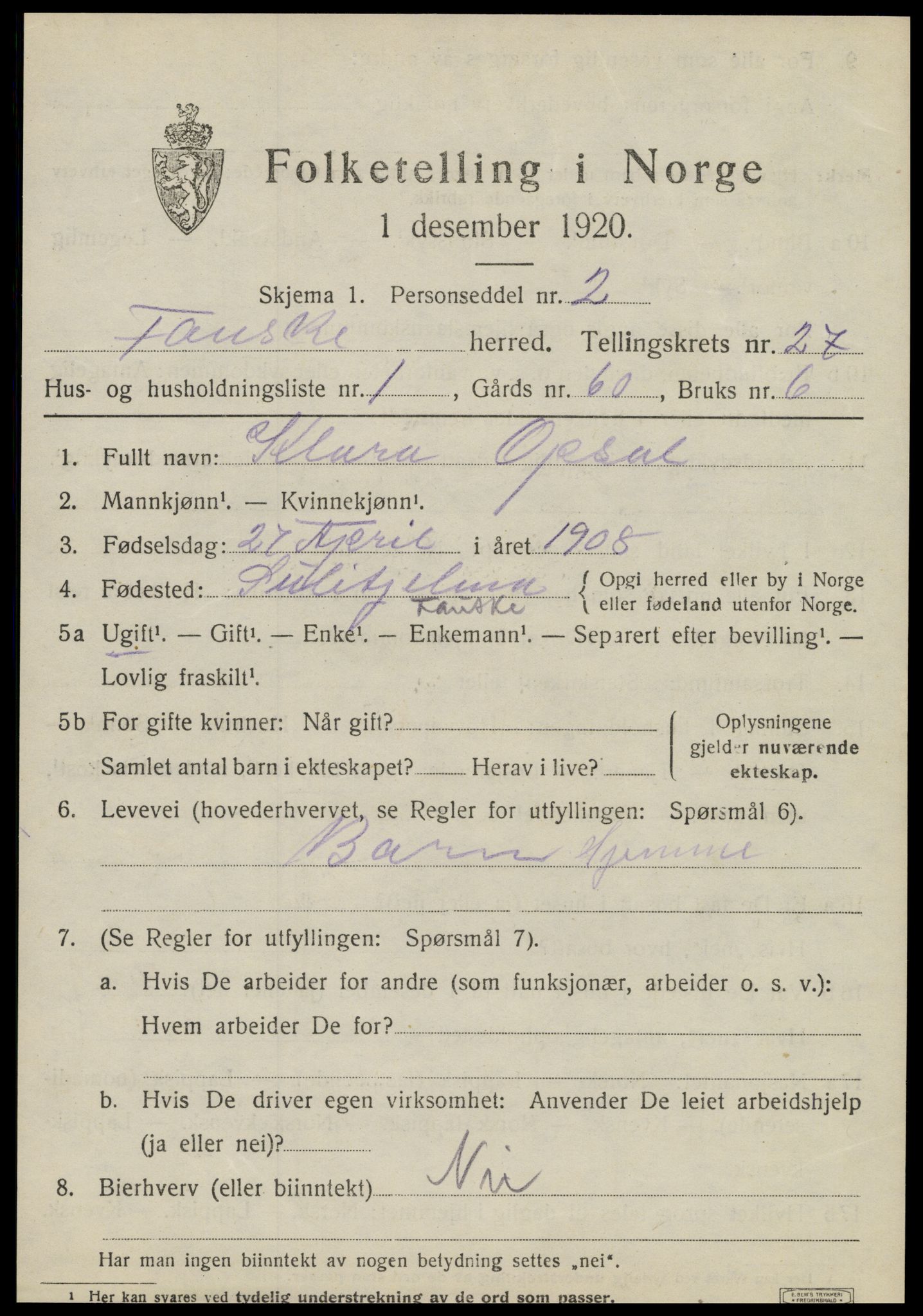 SAT, 1920 census for Fauske, 1920, p. 16192