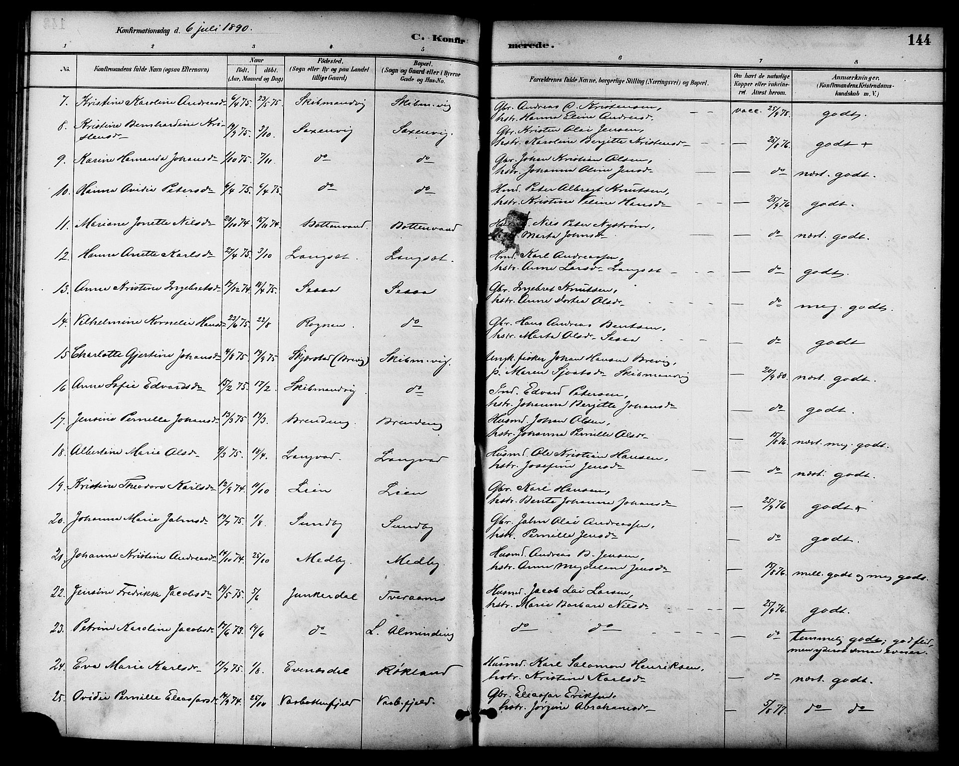 Ministerialprotokoller, klokkerbøker og fødselsregistre - Nordland, AV/SAT-A-1459/847/L0669: Parish register (official) no. 847A09, 1887-1901, p. 144