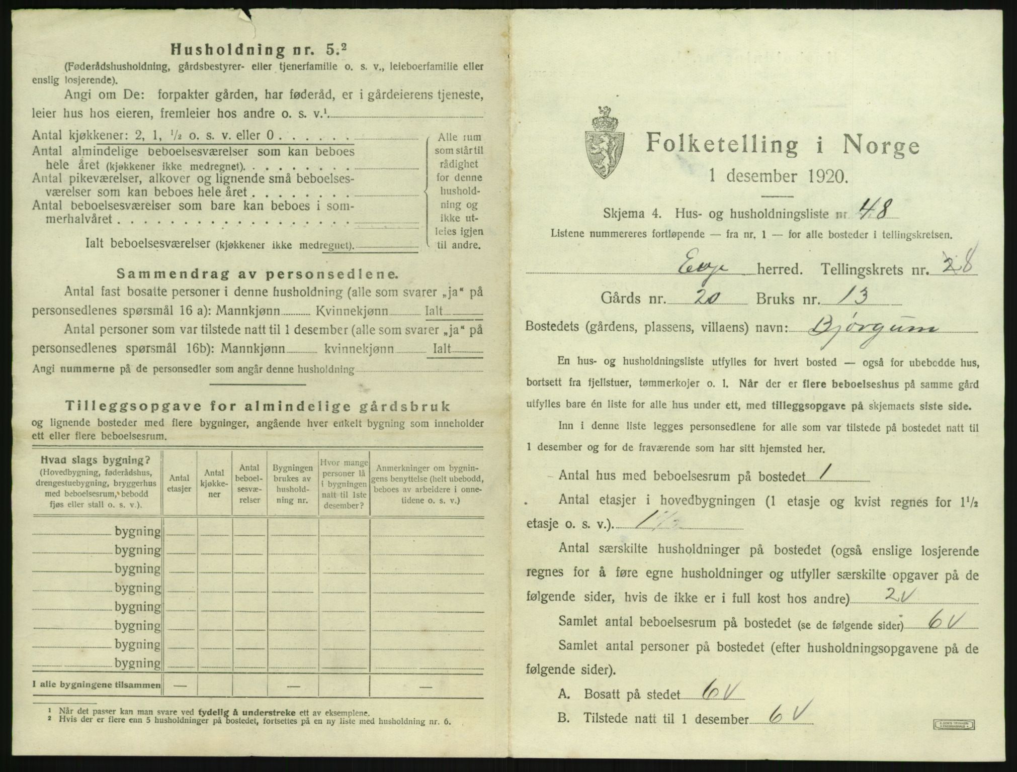 SAK, 1920 census for Evje, 1920, p. 530