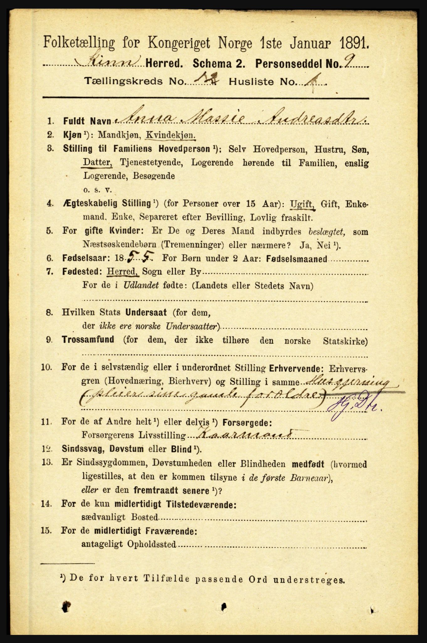 RA, 1891 census for 1437 Kinn, 1891, p. 4520