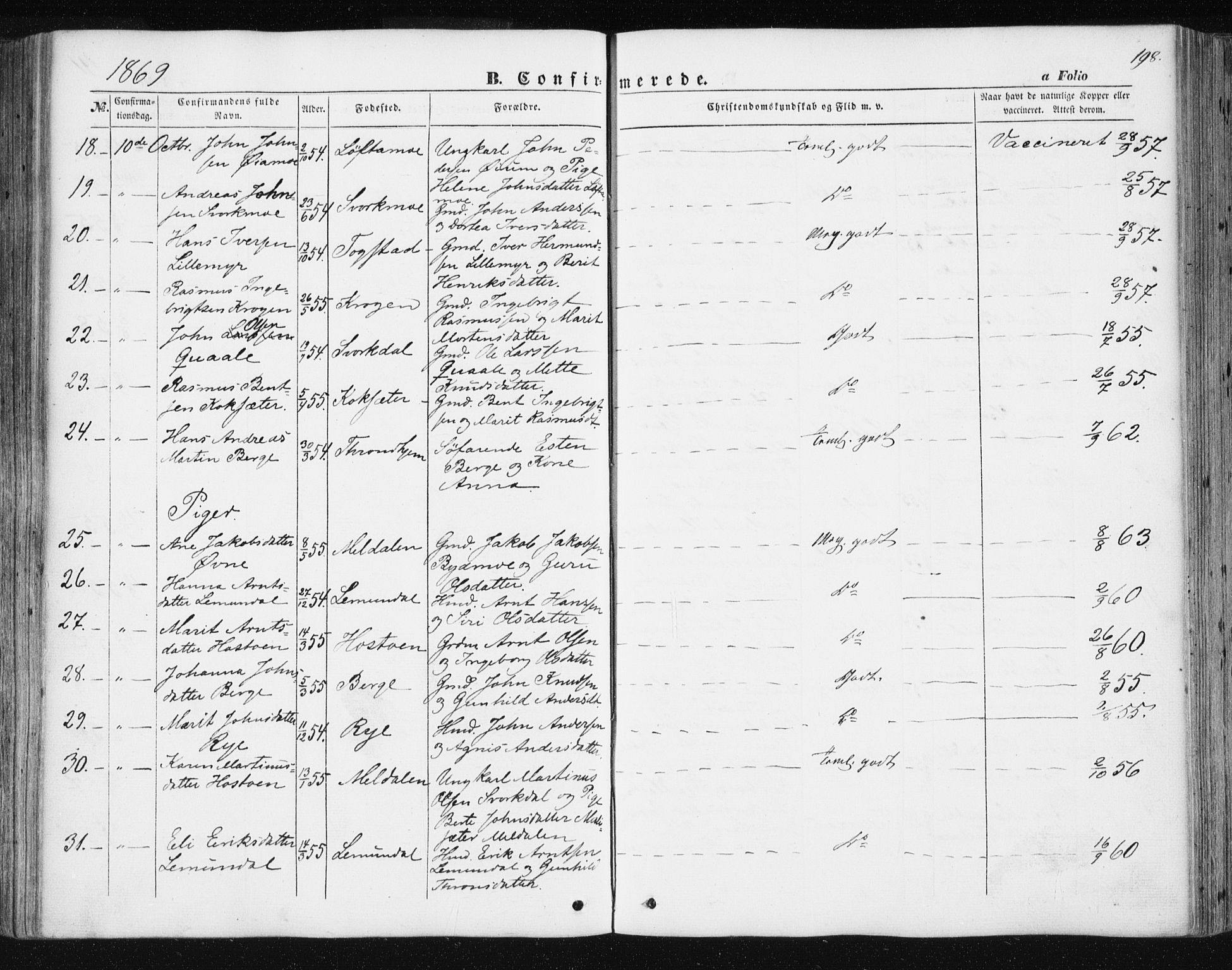 Ministerialprotokoller, klokkerbøker og fødselsregistre - Sør-Trøndelag, SAT/A-1456/668/L0806: Parish register (official) no. 668A06, 1854-1869, p. 198