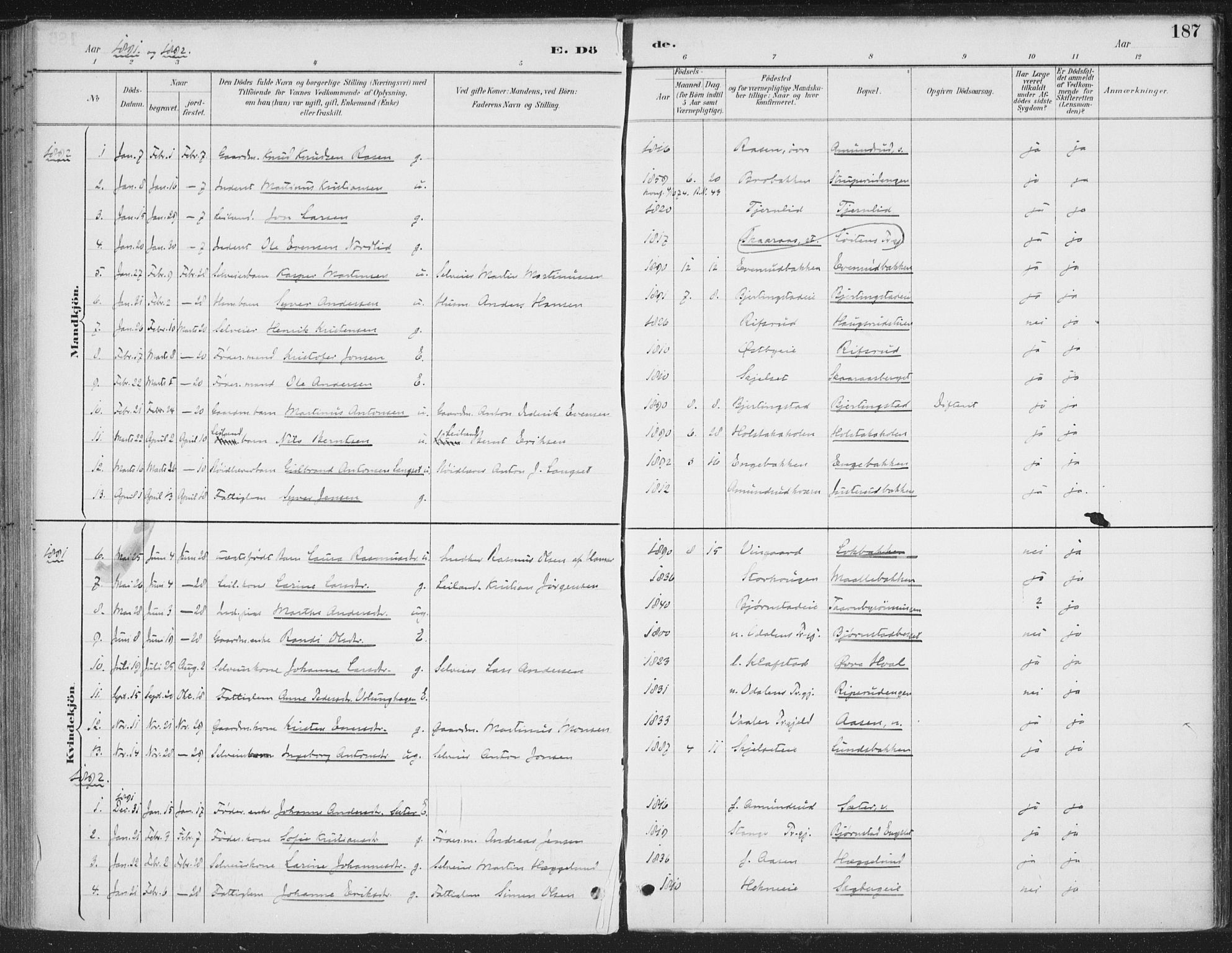 Romedal prestekontor, SAH/PREST-004/K/L0008: Parish register (official) no. 8, 1887-1905, p. 187